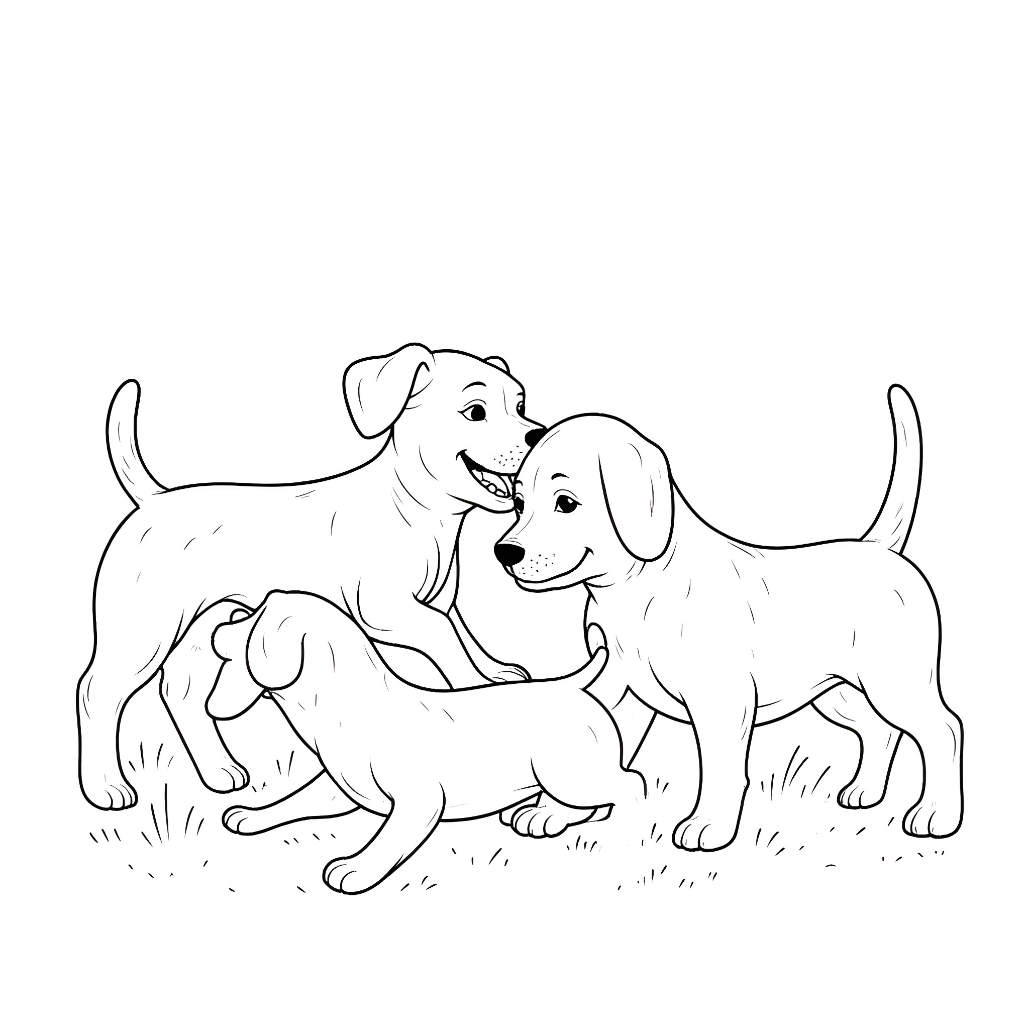 Puppies playing joyfully on the grass Coloring Page (free black-and-white line drawing printable PDF for all, from beginners to advanced learners, including children, teens, adults, and seniors)