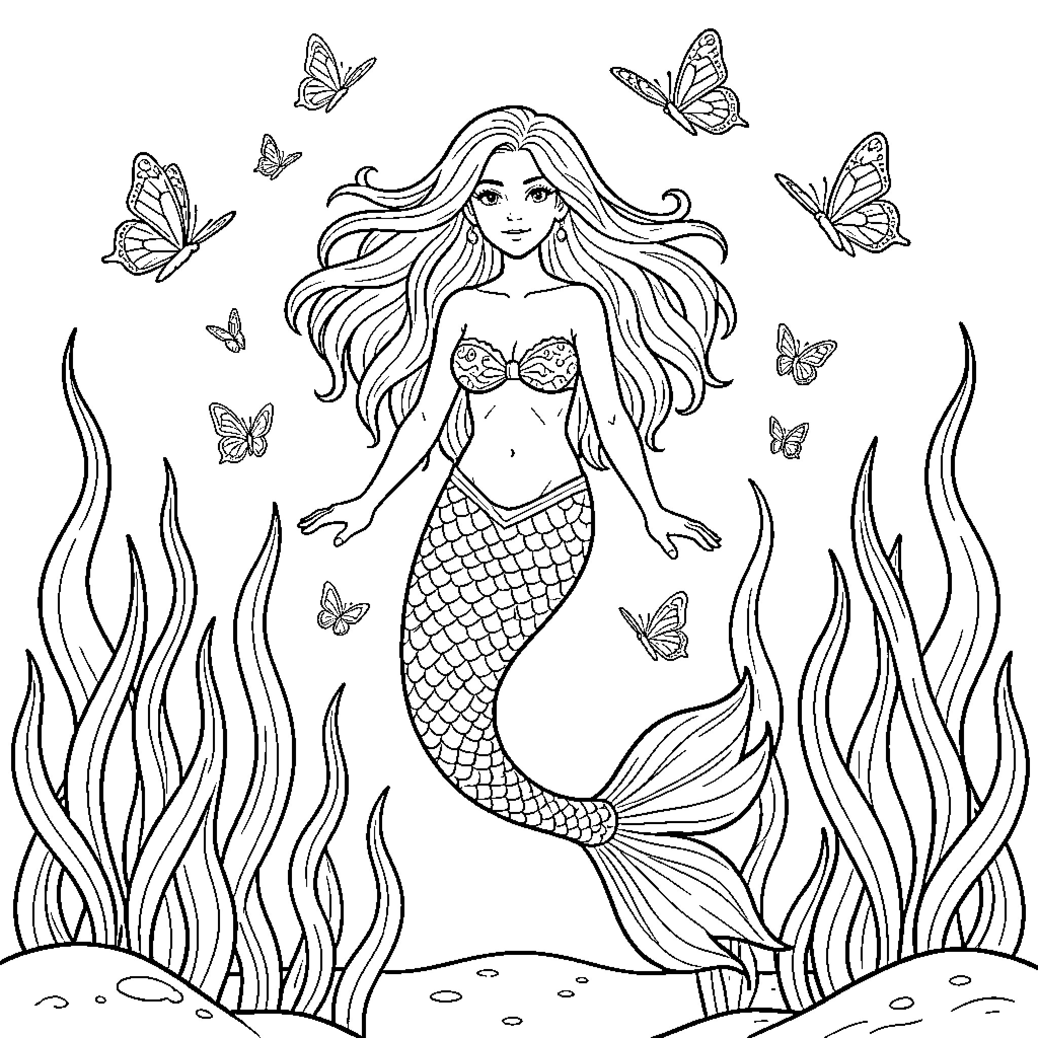 Mermaid swimming gracefully among flying butterflies underwater Coloring Page (free black-and-white line drawing printable PDF for all, from beginners to advanced learners, including children, teens, adults, and seniors)