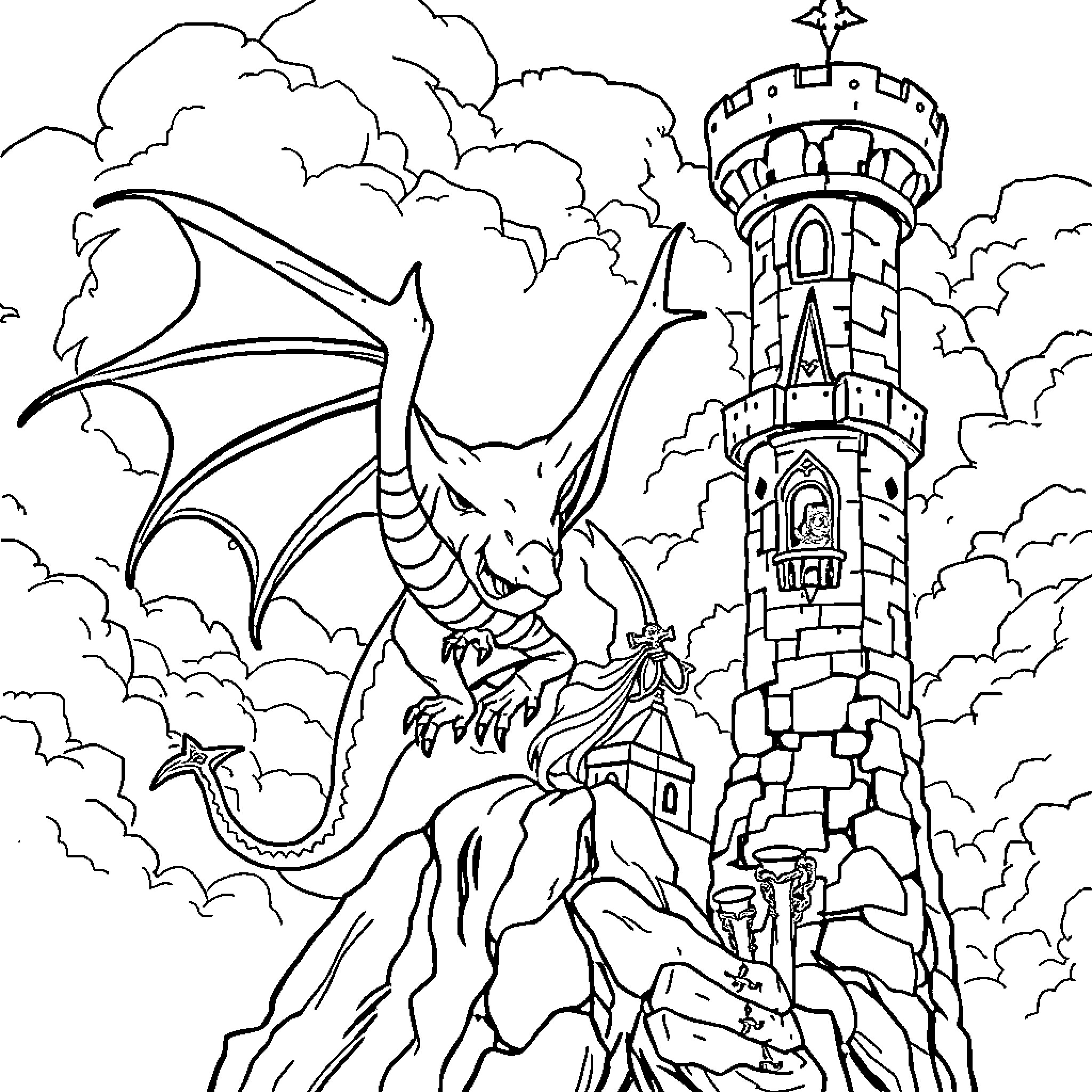 Dragon guarding a majestic castle tower Coloring Page (free black-and-white line drawing printable PDF for all, from beginners to advanced learners, including children, teens, adults, and seniors)