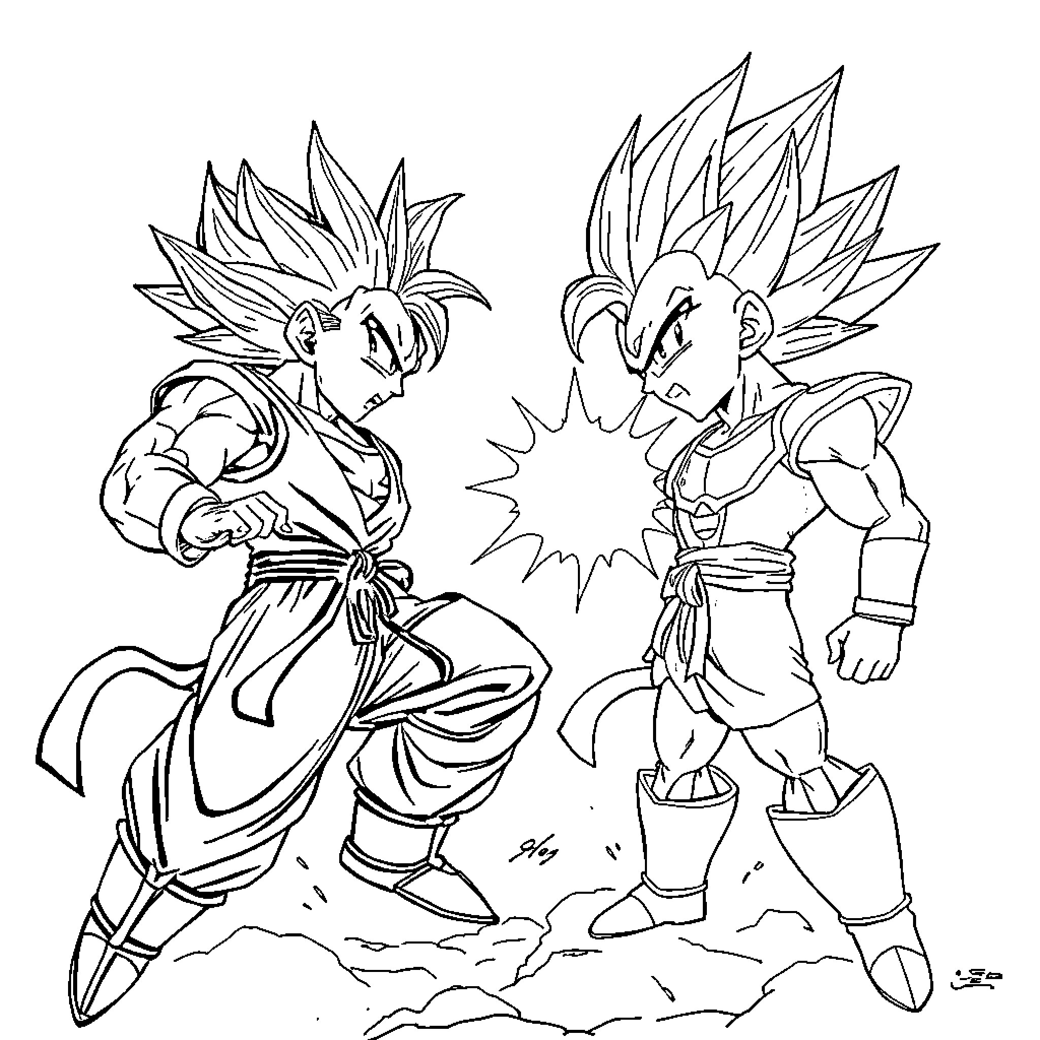 Goku and Vegeta in fierce battle stance Coloring Page (free black-and-white line drawing printable PDF for all, from beginners to advanced learners, including children, teens, adults, and seniors)