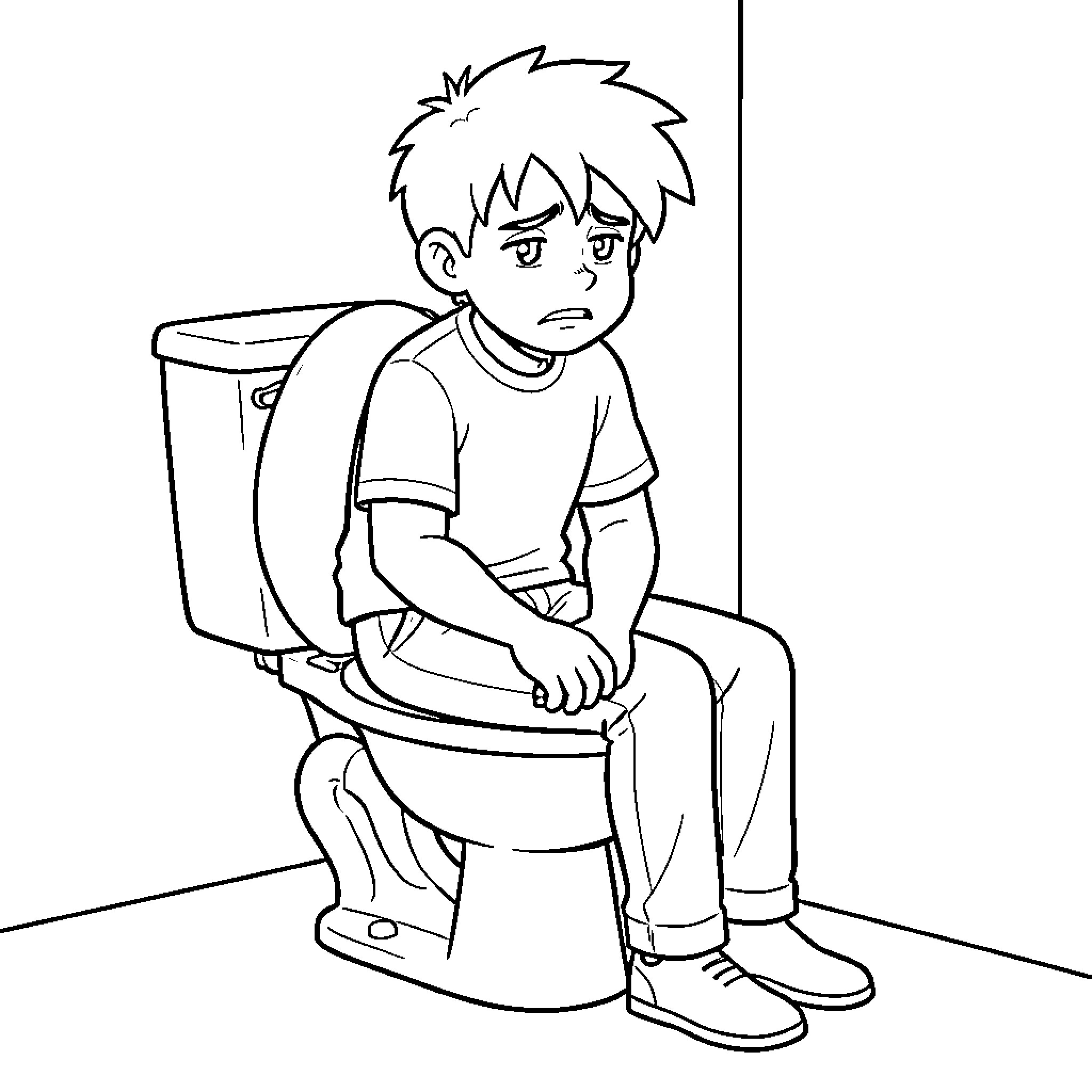 Chase sitting sadly on a toilet looking upset Coloring Page (free black-and-white line drawing printable PDF for all, from beginners to advanced learners, including children, teens, adults, and seniors)