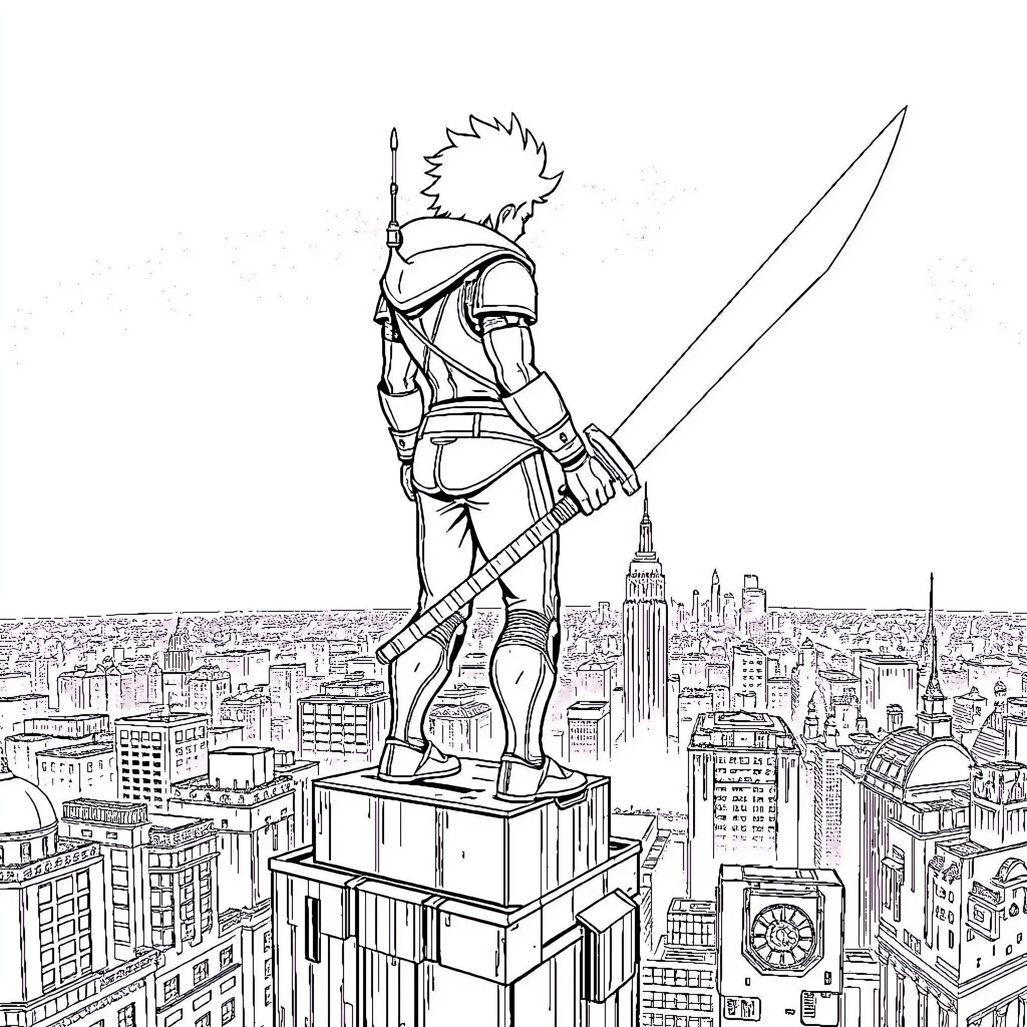 Transistor warrior standing tall over the city Coloring Page (free black-and-white line drawing printable PDF for all, from beginners to advanced learners, including children, teens, adults, and seniors)