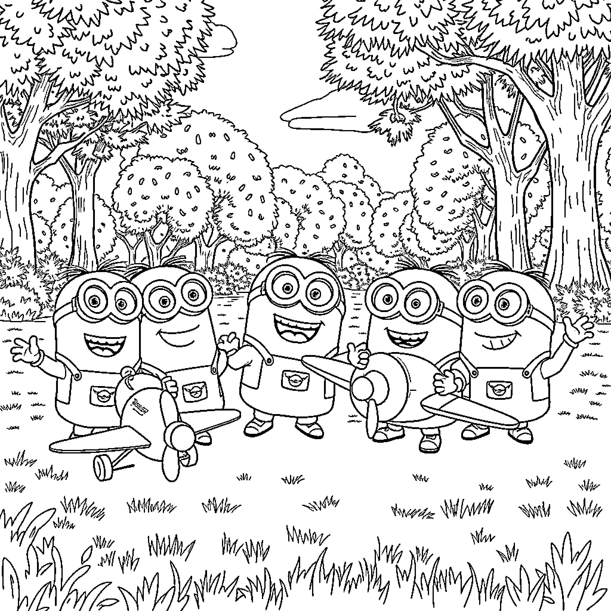Minions exploring the whimsical forest Coloring Page (free black-and-white line drawing printable PDF for all, from beginners to advanced learners, including children, teens, adults, and seniors)
