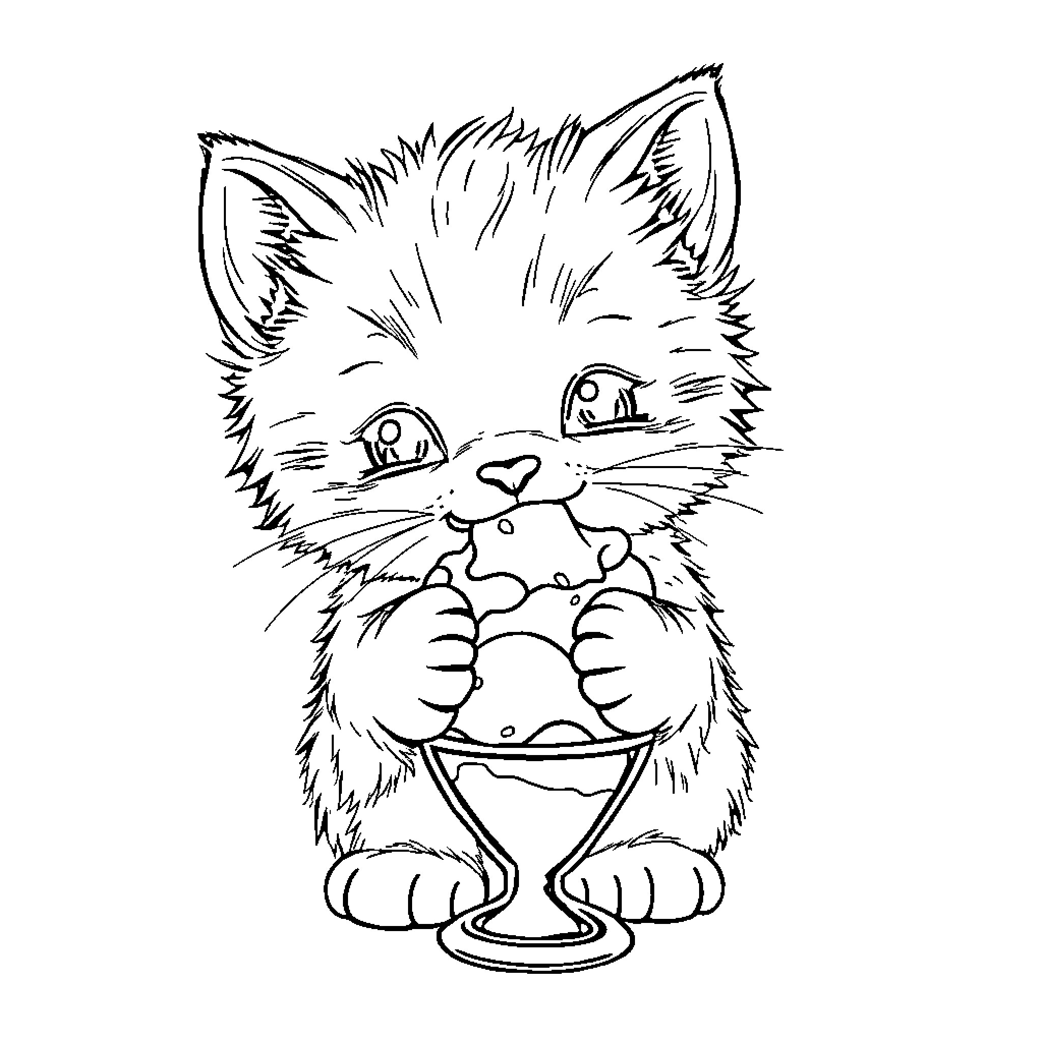 Kitten enjoying a sweet treat Coloring Page (free black-and-white line drawing printable PDF for all, from beginners to advanced learners, including children, teens, adults, and seniors)