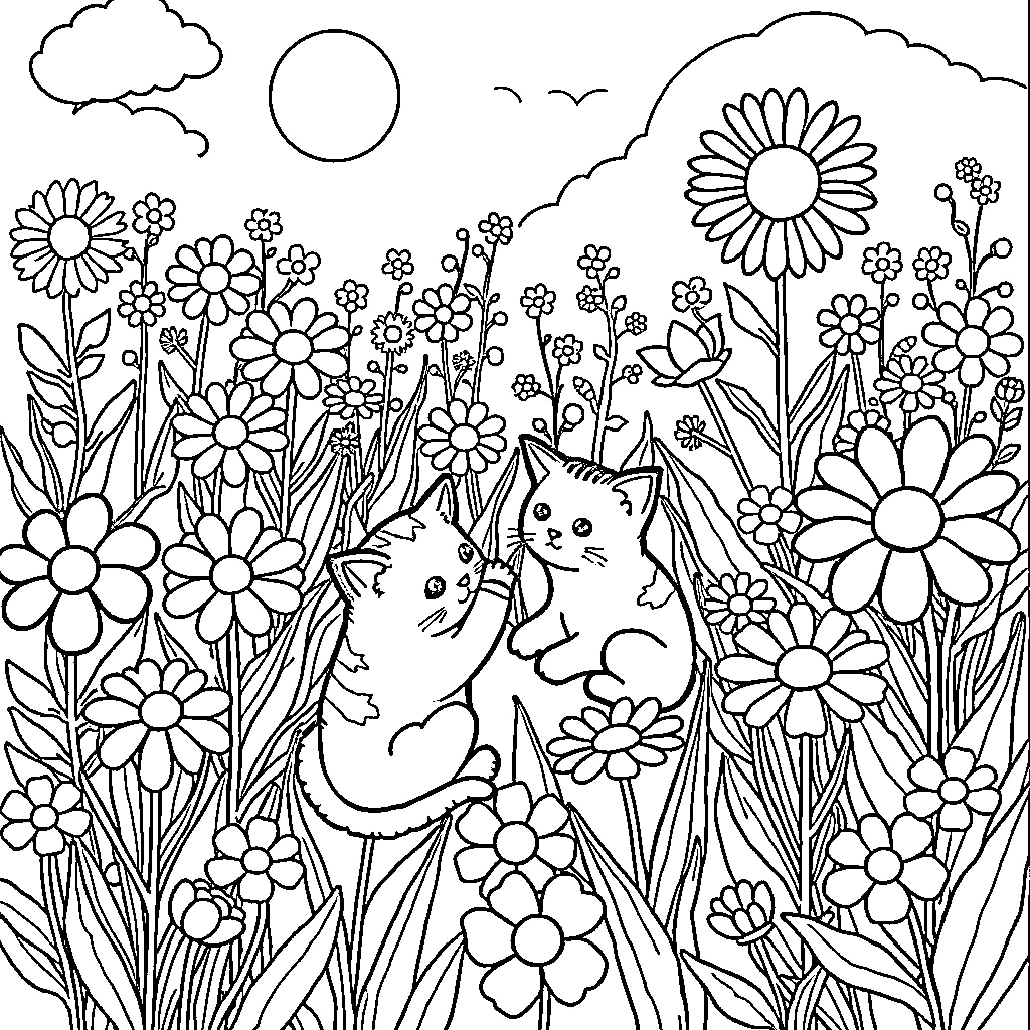 Cat Exploring the Colorful Floral Garden Coloring Page (free black-and-white line drawing printable PDF for all, from beginners to advanced learners, including children, teens, adults, and seniors)