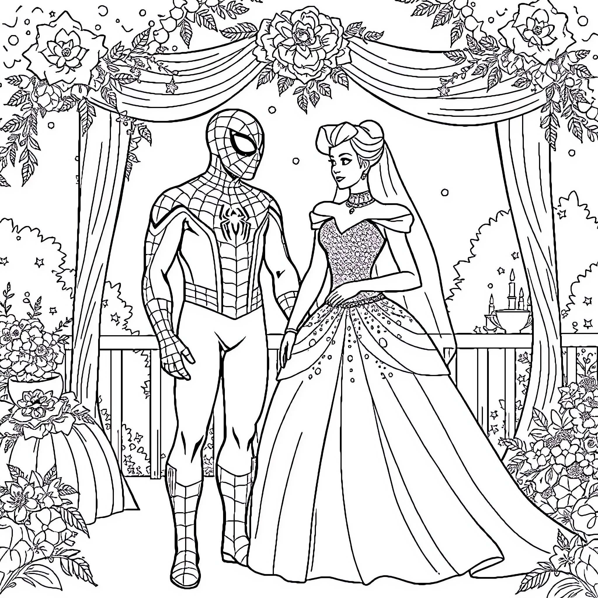 Spiderman and Princess at Floral Archway Coloring Page (free black-and-white line drawing printable PDF for all, from beginners to advanced learners, including children, teens, adults, and seniors)