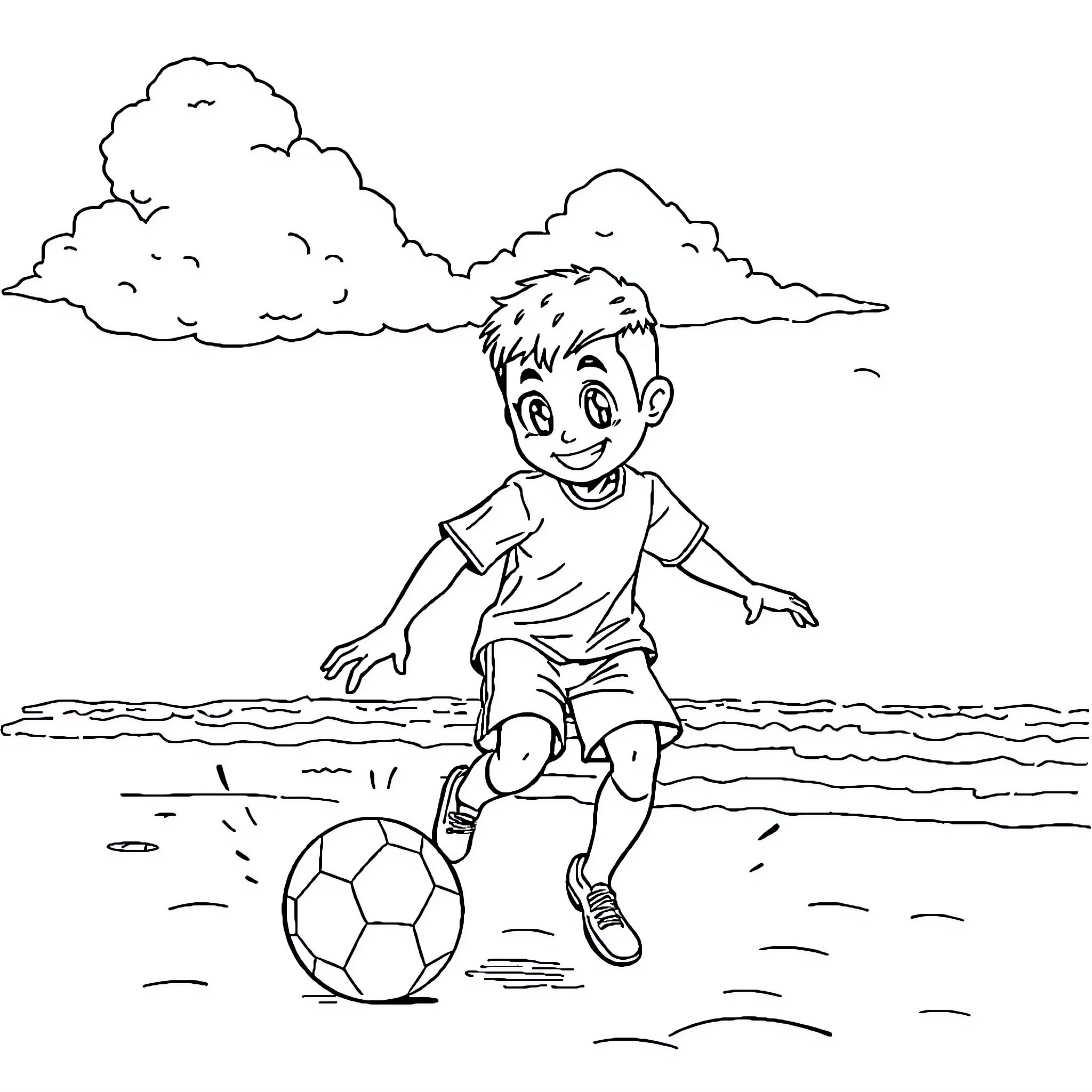 Kelinci playing joyfully with soccer ball at the beach Coloring Page (free black-and-white line drawing printable PDF for all, from beginners to advanced learners, including children, teens, adults, and seniors)