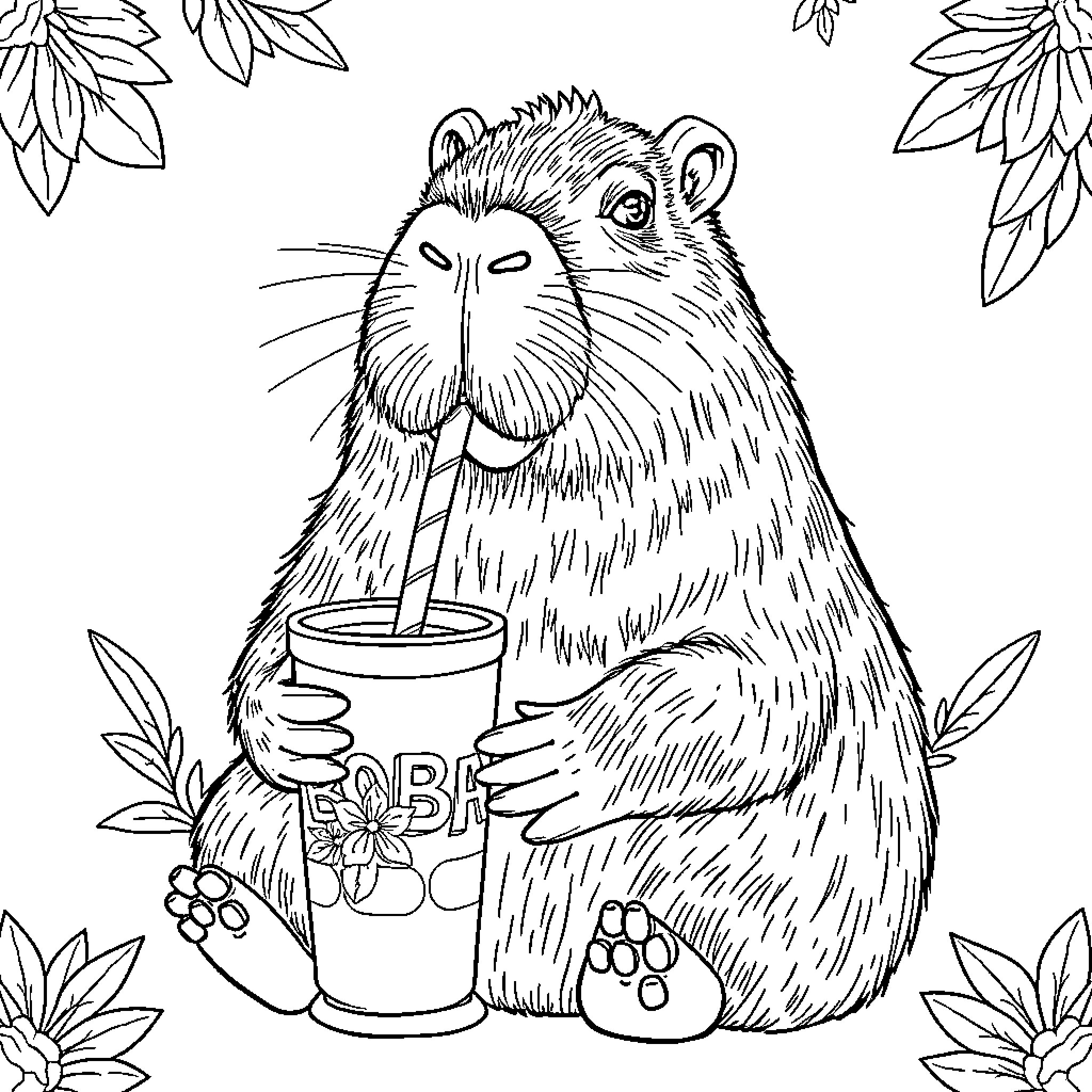 Capybara enjoying a refreshing drink Coloring Page (free black-and-white line drawing printable PDF for all, from beginners to advanced learners, including children, teens, adults, and seniors)