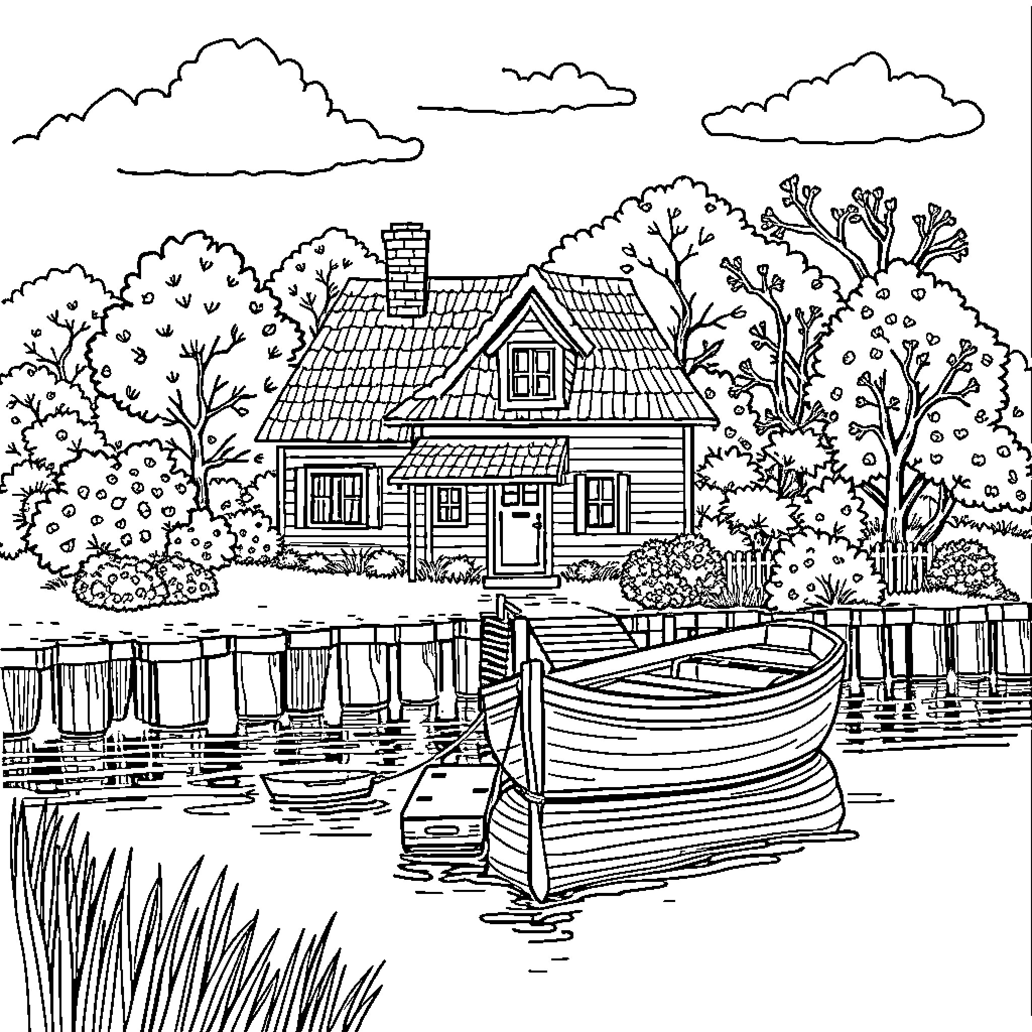 House by the lake with a boat Coloring Page (free black-and-white line drawing printable PDF for all, from beginners to advanced learners, including children, teens, adults, and seniors)