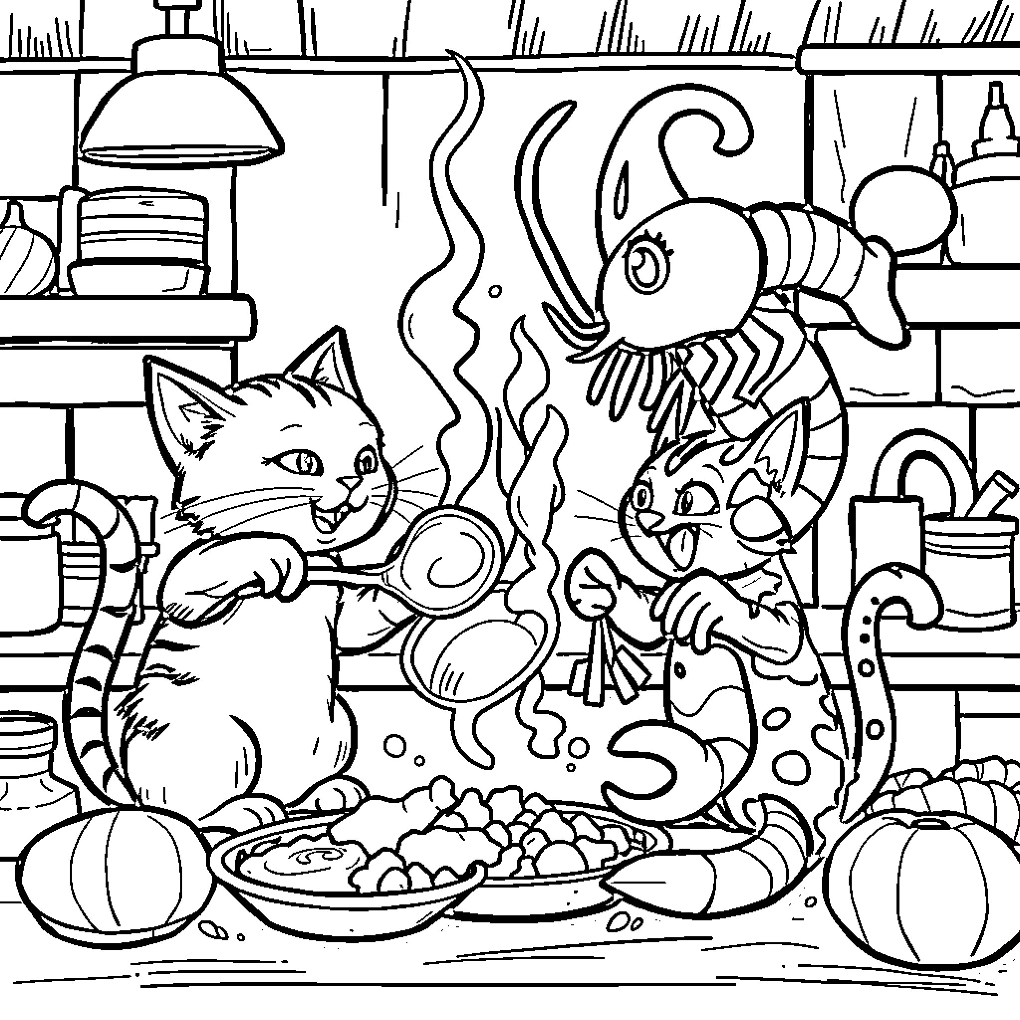 Cat exploring a curious underwater world Coloring Page (free black-and-white line drawing printable PDF for all, from beginners to advanced learners, including children, teens, adults, and seniors)