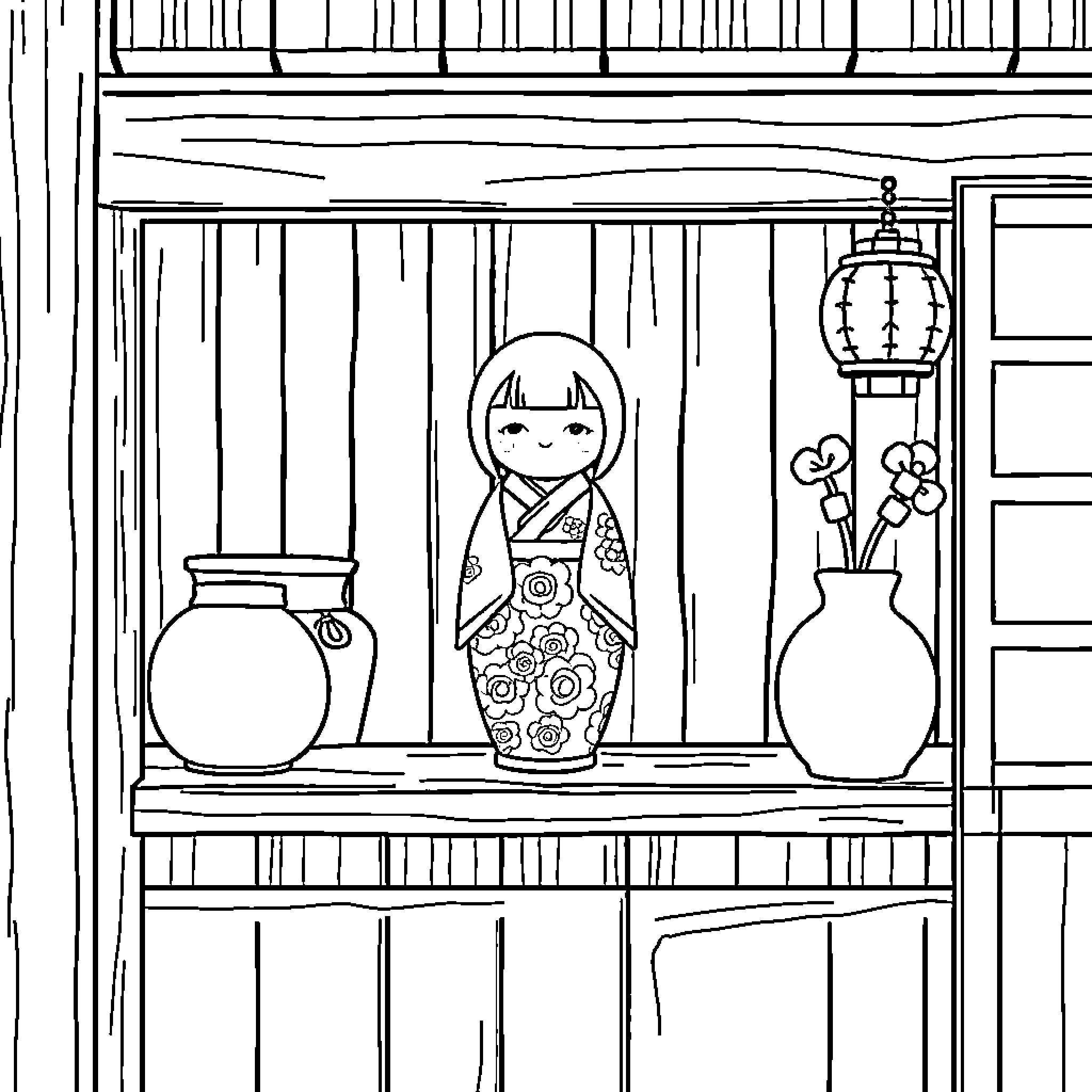 Kokeshi Doll in Traditional Japanese Home Coloring Page (free black-and-white line drawing printable PDF for all, from beginners to advanced learners, including children, teens, adults, and seniors)