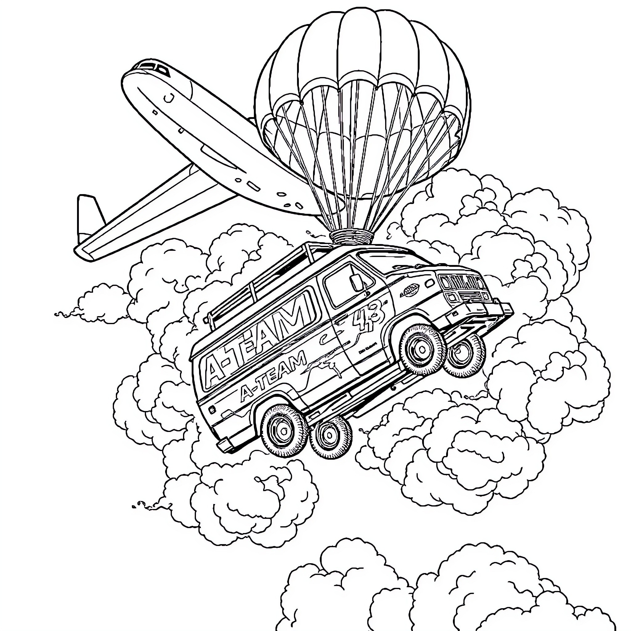 A-Team Van soaring through clouds with parachute Coloring Page (free black-and-white line drawing printable PDF for all, from beginners to advanced learners, including children, teens, adults, and seniors)