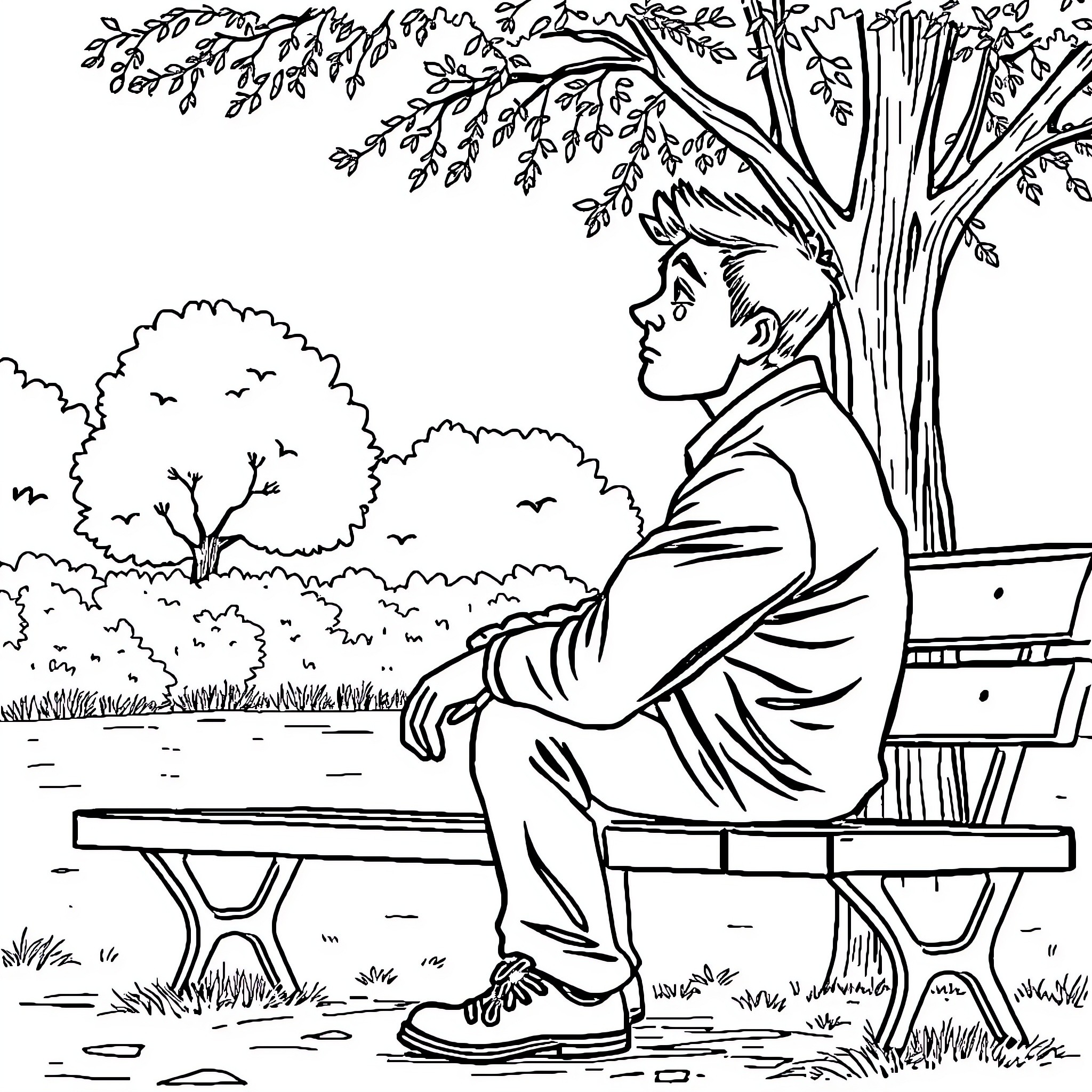 Man sitting thoughtfully on a park bench Coloring Page (free black-and-white line drawing printable PDF for all, from beginners to advanced learners, including children, teens, adults, and seniors)