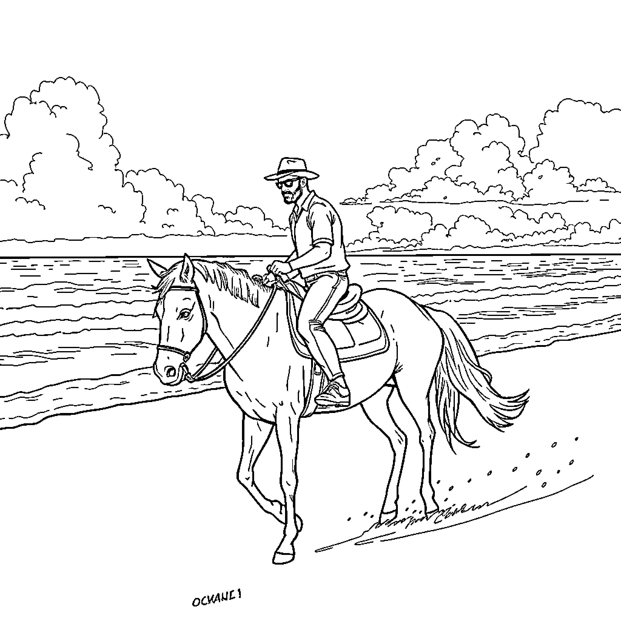 Walter White riding horseback by the sea Coloring Page (free black-and-white line drawing printable PDF for all, from beginners to advanced learners, including children, teens, adults, and seniors)