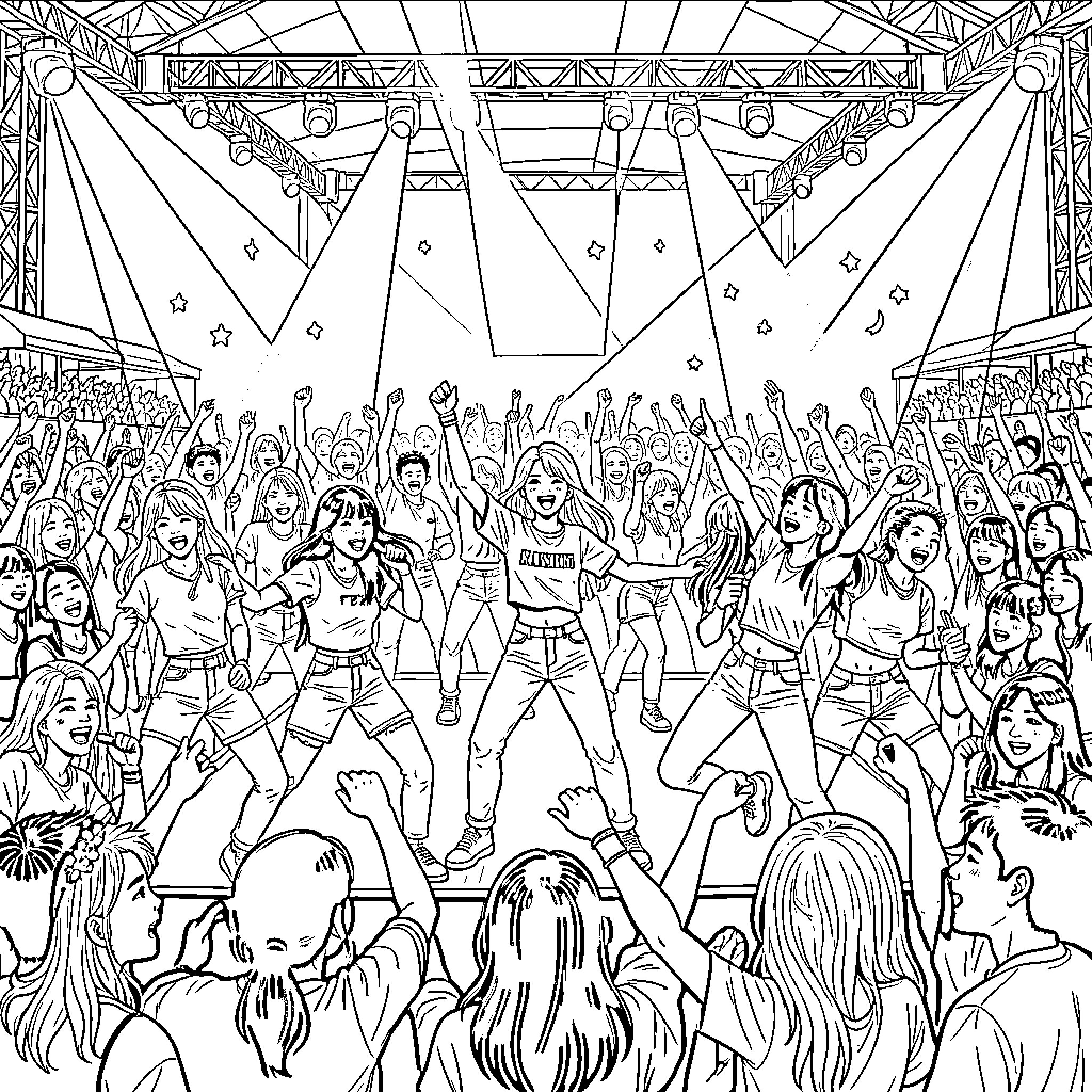 K Pop Music Concert with Energetic Performers and Excited Crowd Coloring Page (free black-and-white line drawing printable PDF for all, from beginners to advanced learners, including children, teens, adults, and seniors)