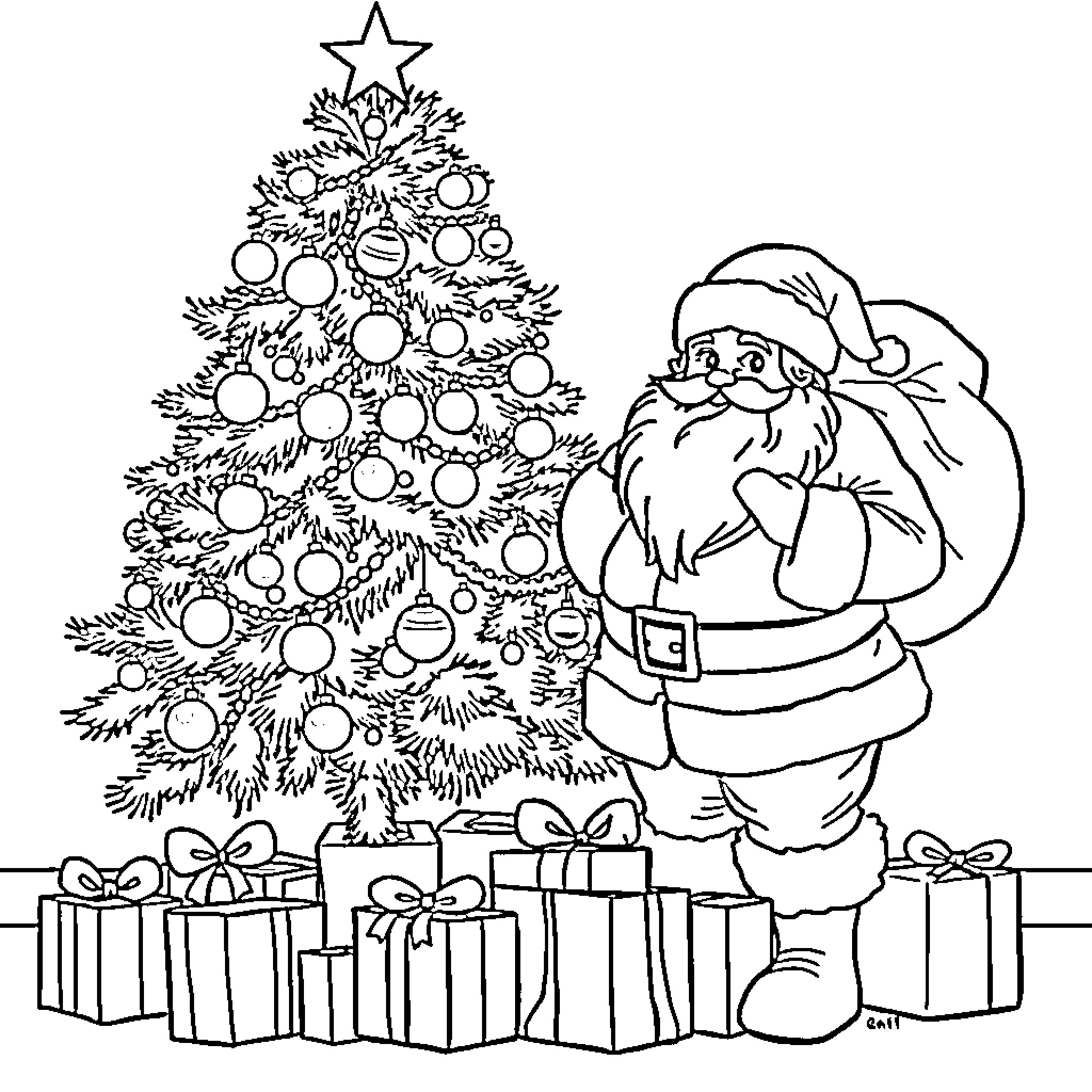 Santa Claus decorating festive Christmas tree with presents Coloring Page (free black-and-white line drawing printable PDF for all, from beginners to advanced learners, including children, teens, adults, and seniors)