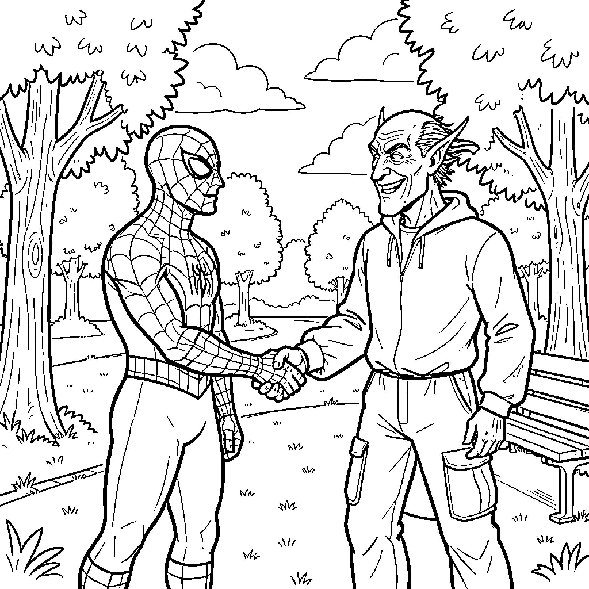 Spider-Man Shakes Hands with Friendly Neighborhood Civilian Coloring Page (free black-and-white line drawing printable PDF for all, from beginners to advanced learners, including children, teens, adults, and seniors)