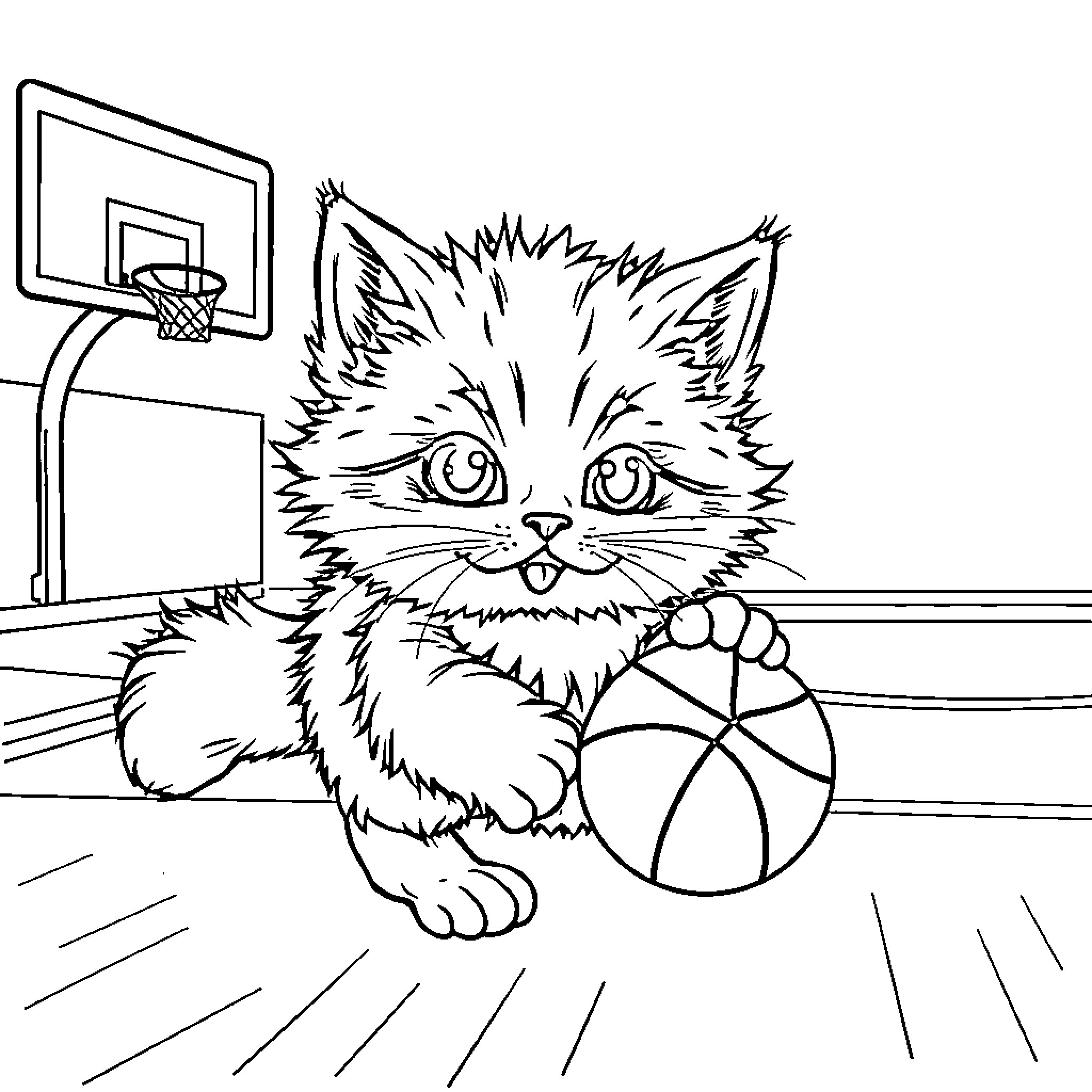Cat playing with basketball on court Coloring Page (free black-and-white line drawing printable PDF for all, from beginners to advanced learners, including children, teens, adults, and seniors)