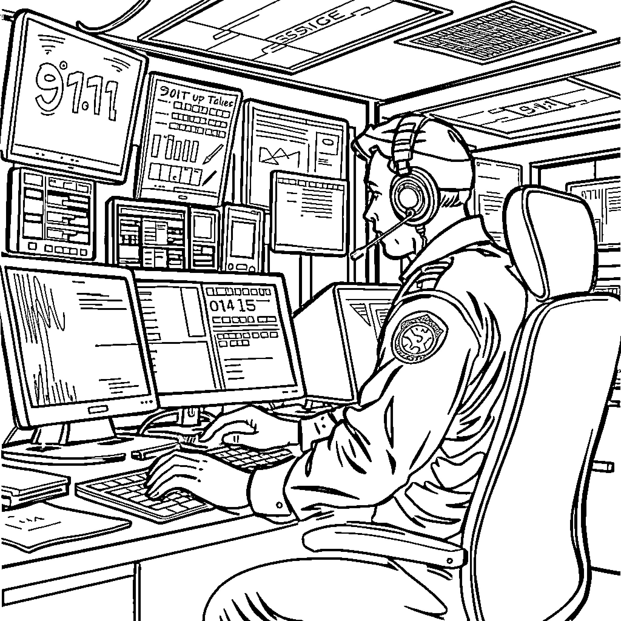 Dispatcher at work in emergency call center Coloring Page (free black-and-white line drawing printable PDF for all, from beginners to advanced learners, including children, teens, adults, and seniors)