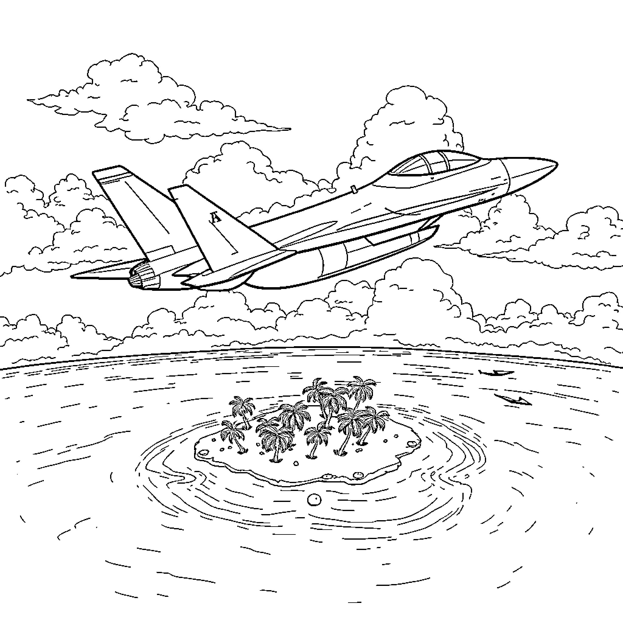 Fighter Jet soaring over tropical island Coloring Page (free black-and-white line drawing printable PDF for all, from beginners to advanced learners, including children, teens, adults, and seniors)