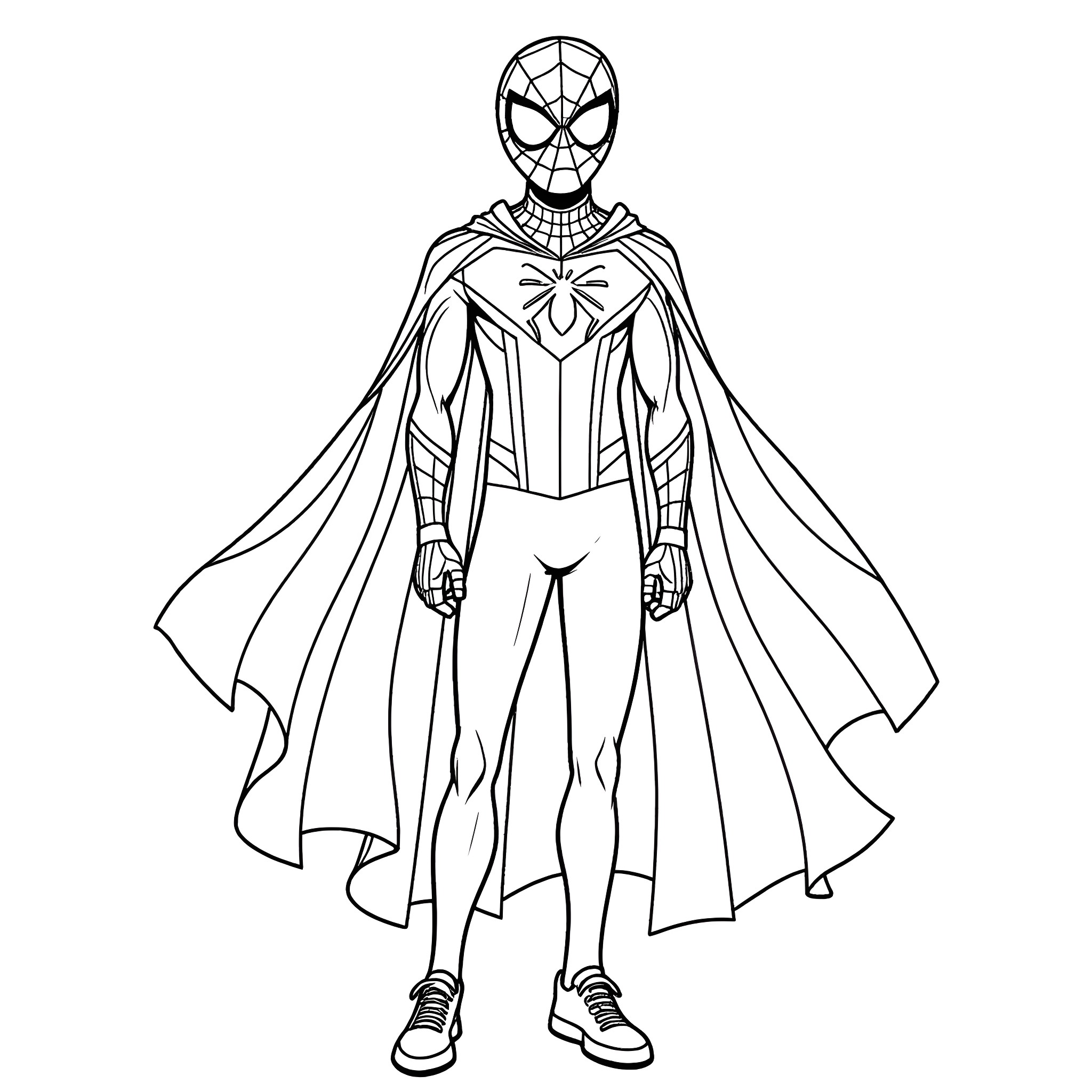 Spiderpunk superhero in stylized costume and pose Coloring Page (free black-and-white line drawing printable PDF for all, from beginners to advanced learners, including children, teens, adults, and seniors)