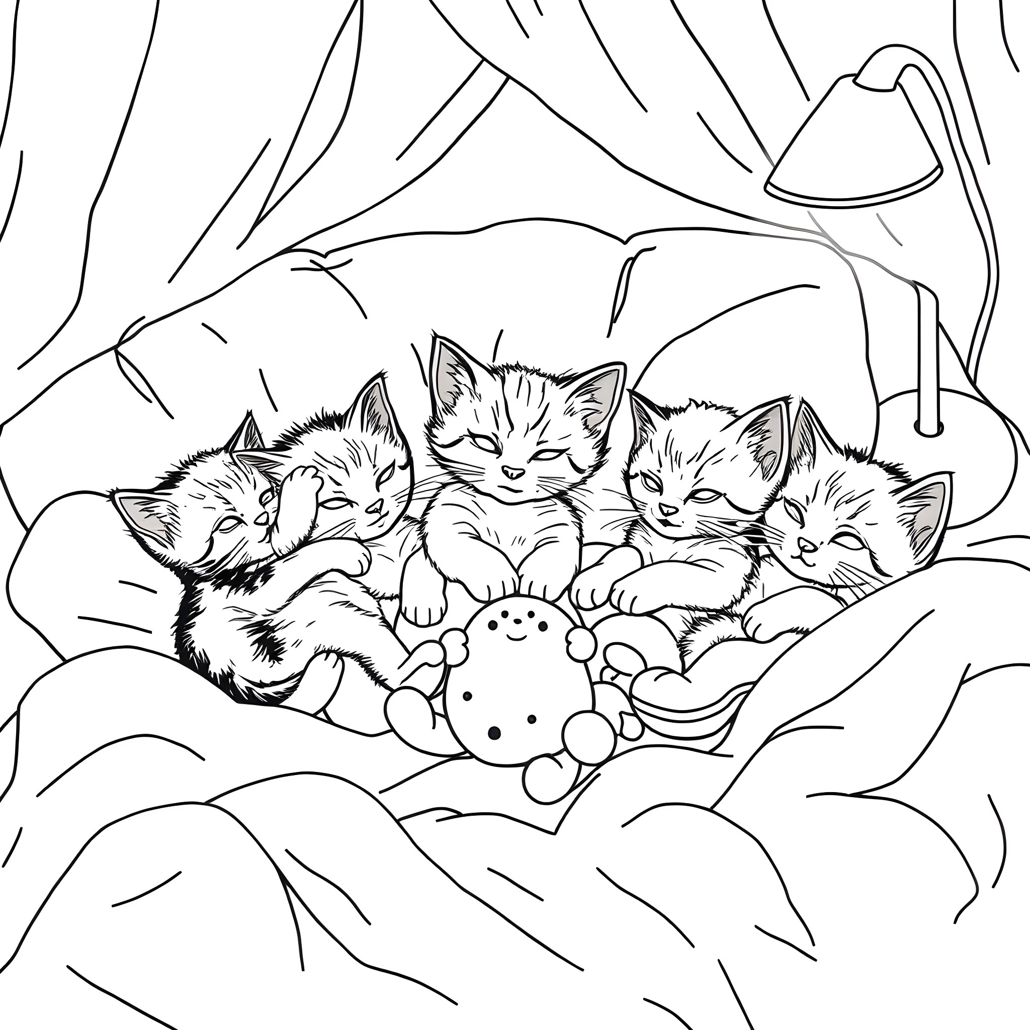 Kittens cuddling with stuffed toy in cozy blanket Coloring Page (free black-and-white line drawing printable PDF for all, from beginners to advanced learners, including children, teens, adults, and seniors)