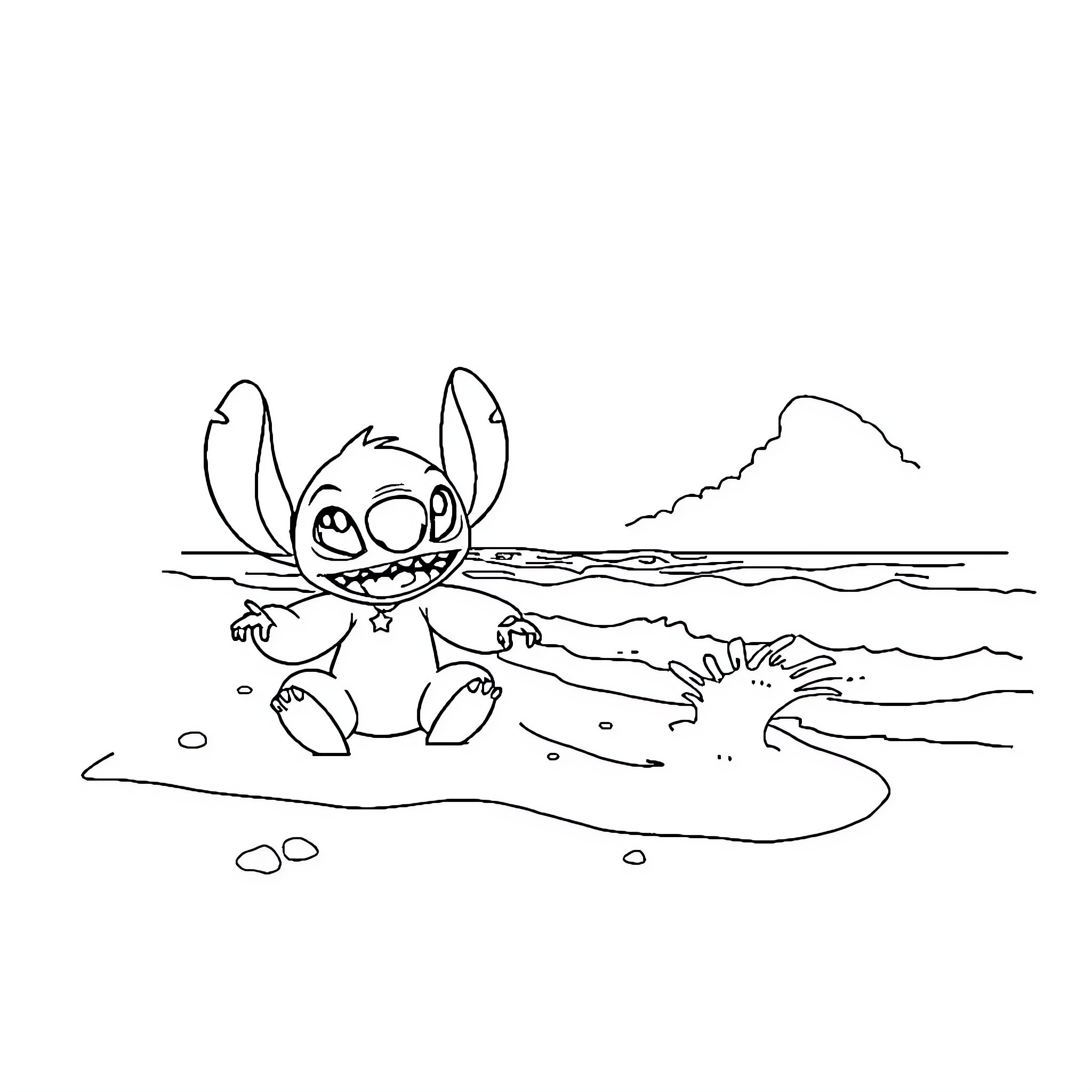 Lilo playing on the beach with ocean view Coloring Page (free black-and-white line drawing printable PDF for all, from beginners to advanced learners, including children, teens, adults, and seniors)