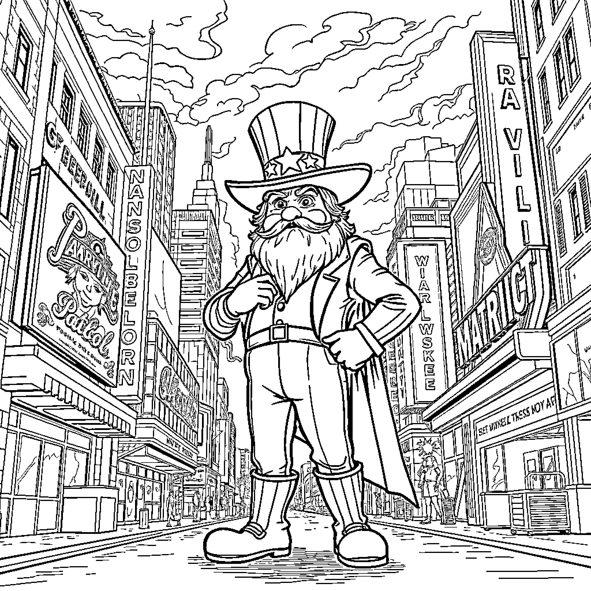 Pat explores the vibrant city streets in festive attire Coloring Page (free black-and-white line drawing printable PDF for all, from beginners to advanced learners, including children, teens, adults, and seniors)