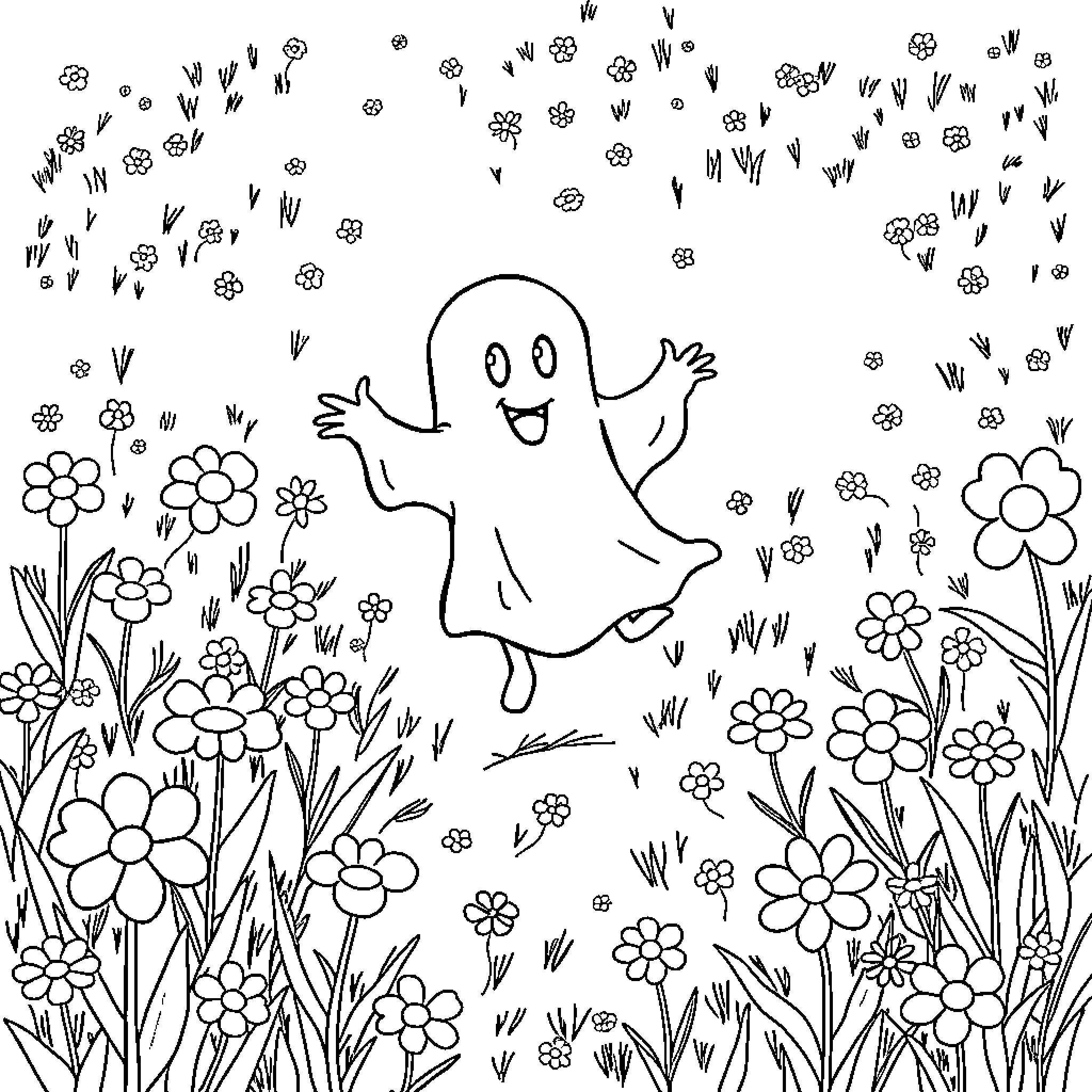 Ghost dancing cheerfully among flowers Coloring Page (free black-and-white line drawing printable PDF for all, from beginners to advanced learners, including children, teens, adults, and seniors)