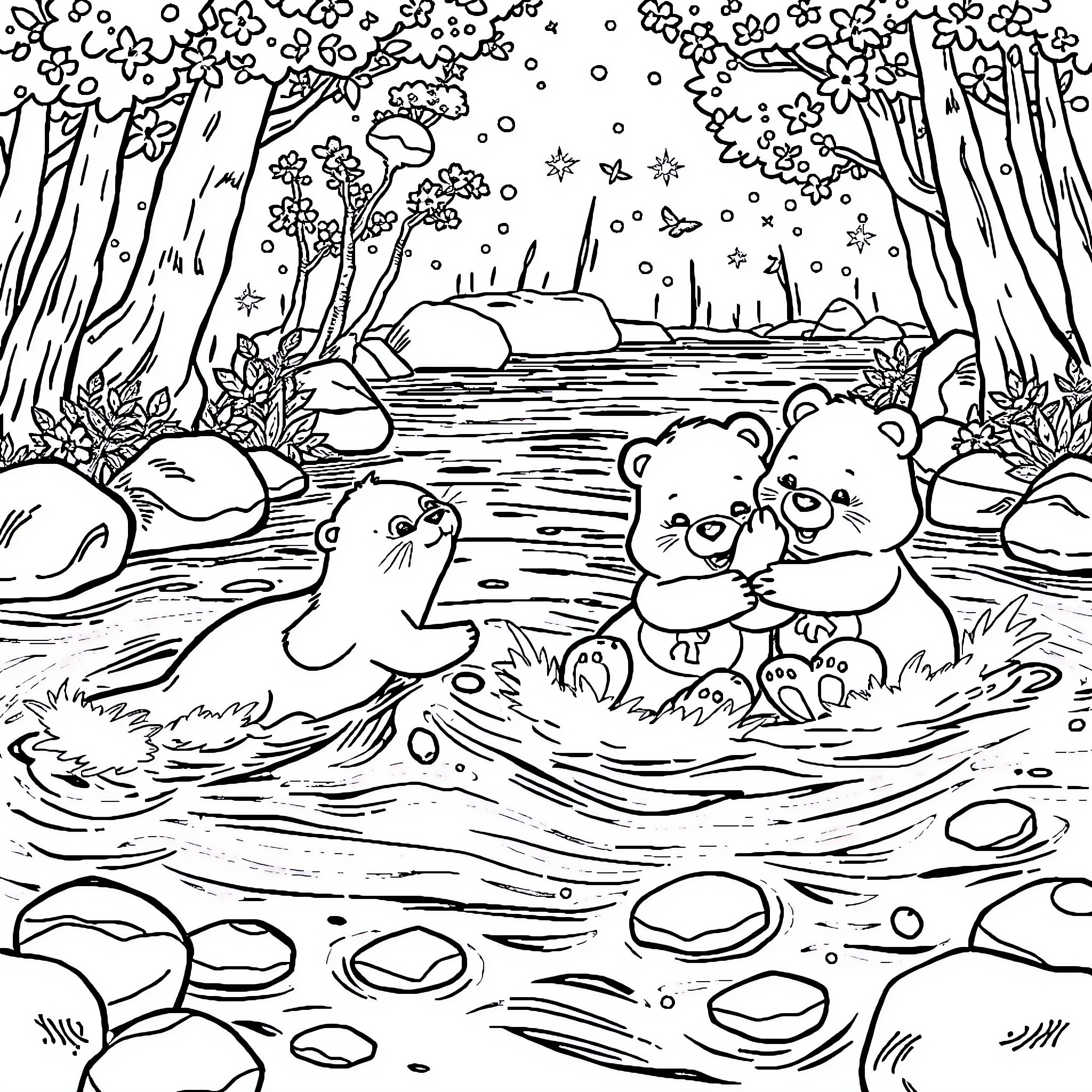Otter playing joyfully with bear in serene forest pond Coloring Page (free black-and-white line drawing printable PDF for all, from beginners to advanced learners, including children, teens, adults, and seniors)