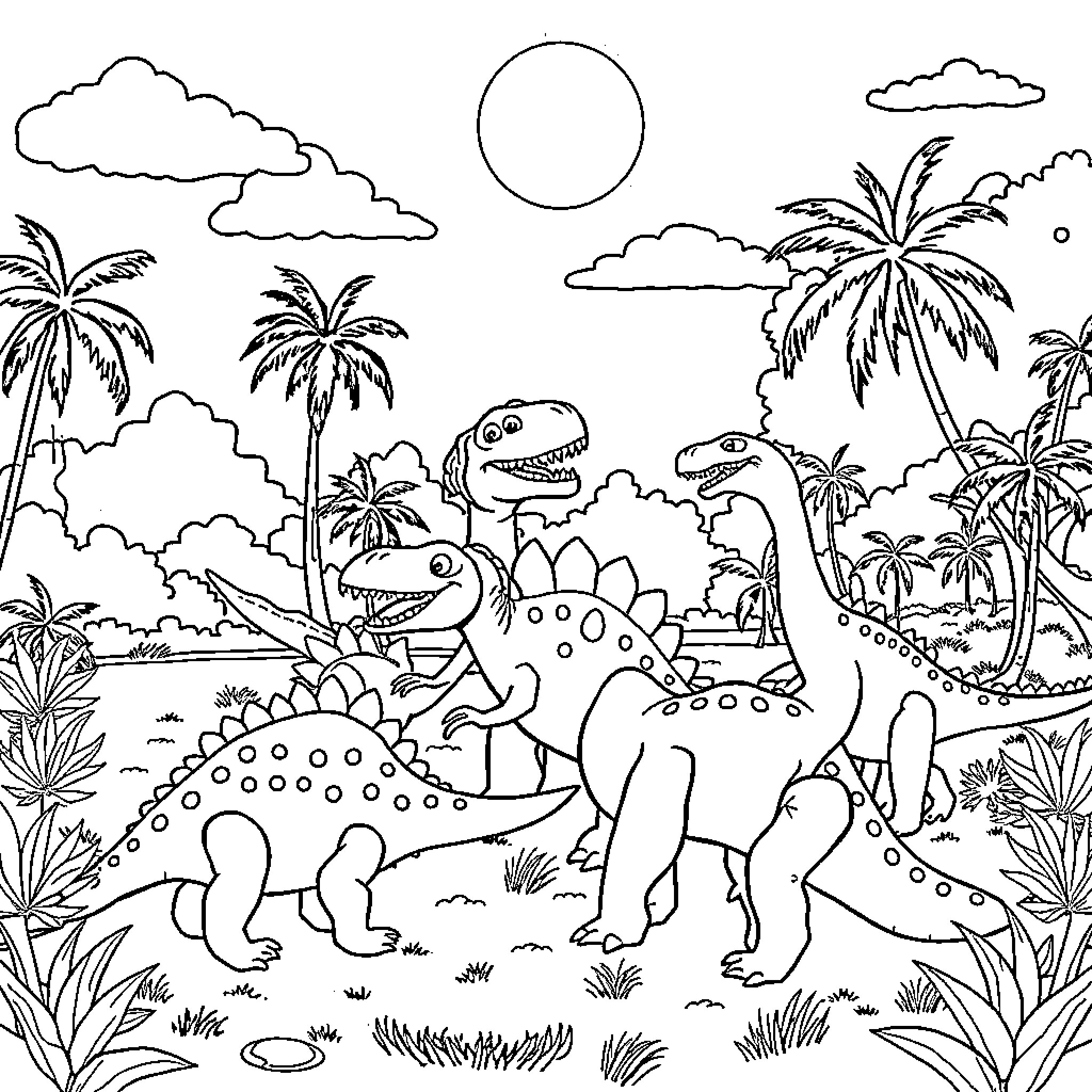 Dinosaurs roaming in tropical paradise Coloring Page (free black-and-white line drawing printable PDF for all, from beginners to advanced learners, including children, teens, adults, and seniors)