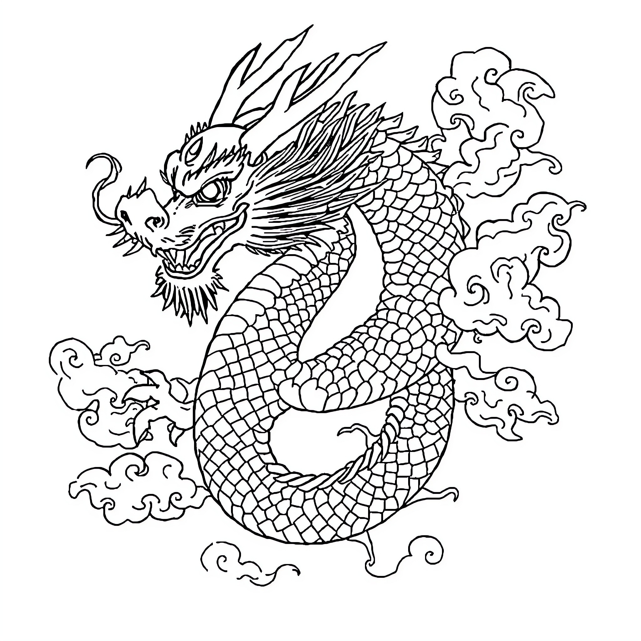 Dragon Fiercely Coiling Amidst Swirling Clouds Coloring Page (free black-and-white line drawing printable PDF for all, from beginners to advanced learners, including children, teens, adults, and seniors)