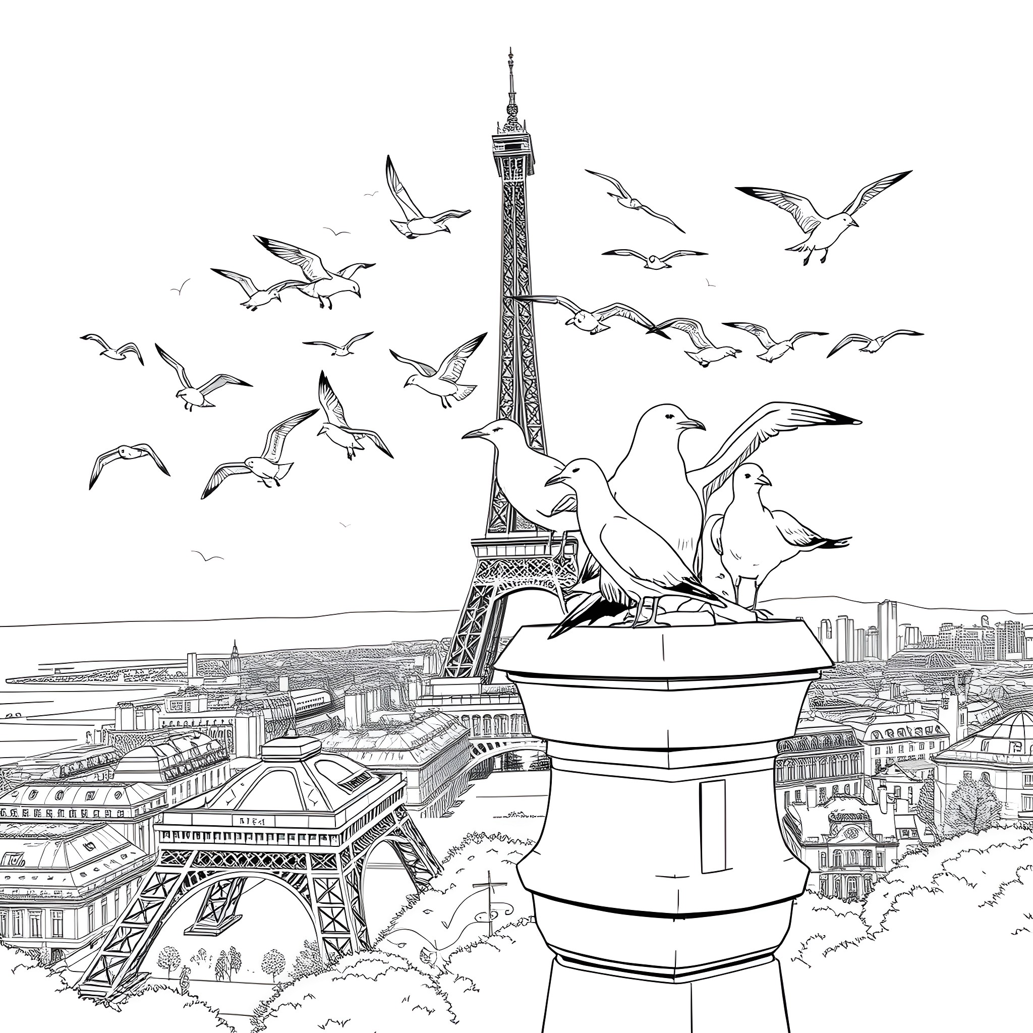 Seagulls soaring over the Eiffel Tower in Paris Coloring Page (free black-and-white line drawing printable PDF for all, from beginners to advanced learners, including children, teens, adults, and seniors)