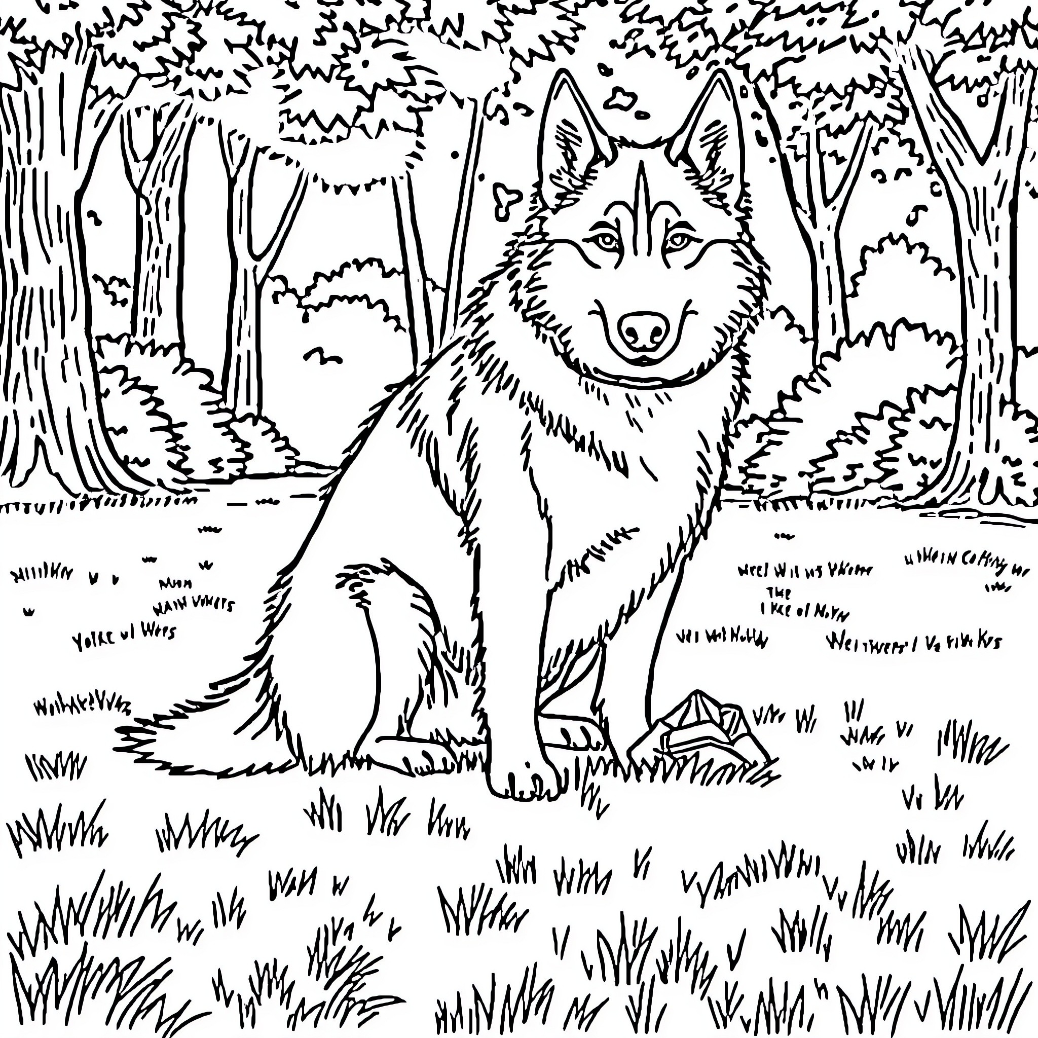 Shepherd Husky exploring the forest Coloring Page (free black-and-white line drawing printable PDF for all, from beginners to advanced learners, including children, teens, adults, and seniors)