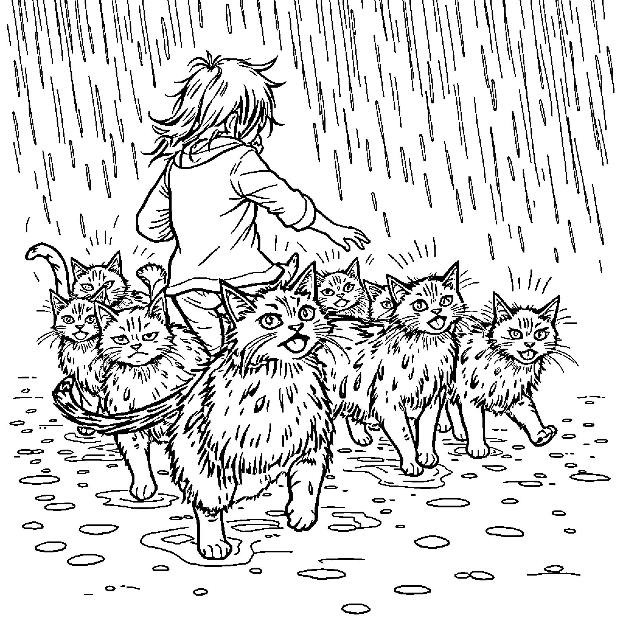 Cat playing with kittens in the rain Coloring Page (free black-and-white line drawing printable PDF for all, from beginners to advanced learners, including children, teens, adults, and seniors)