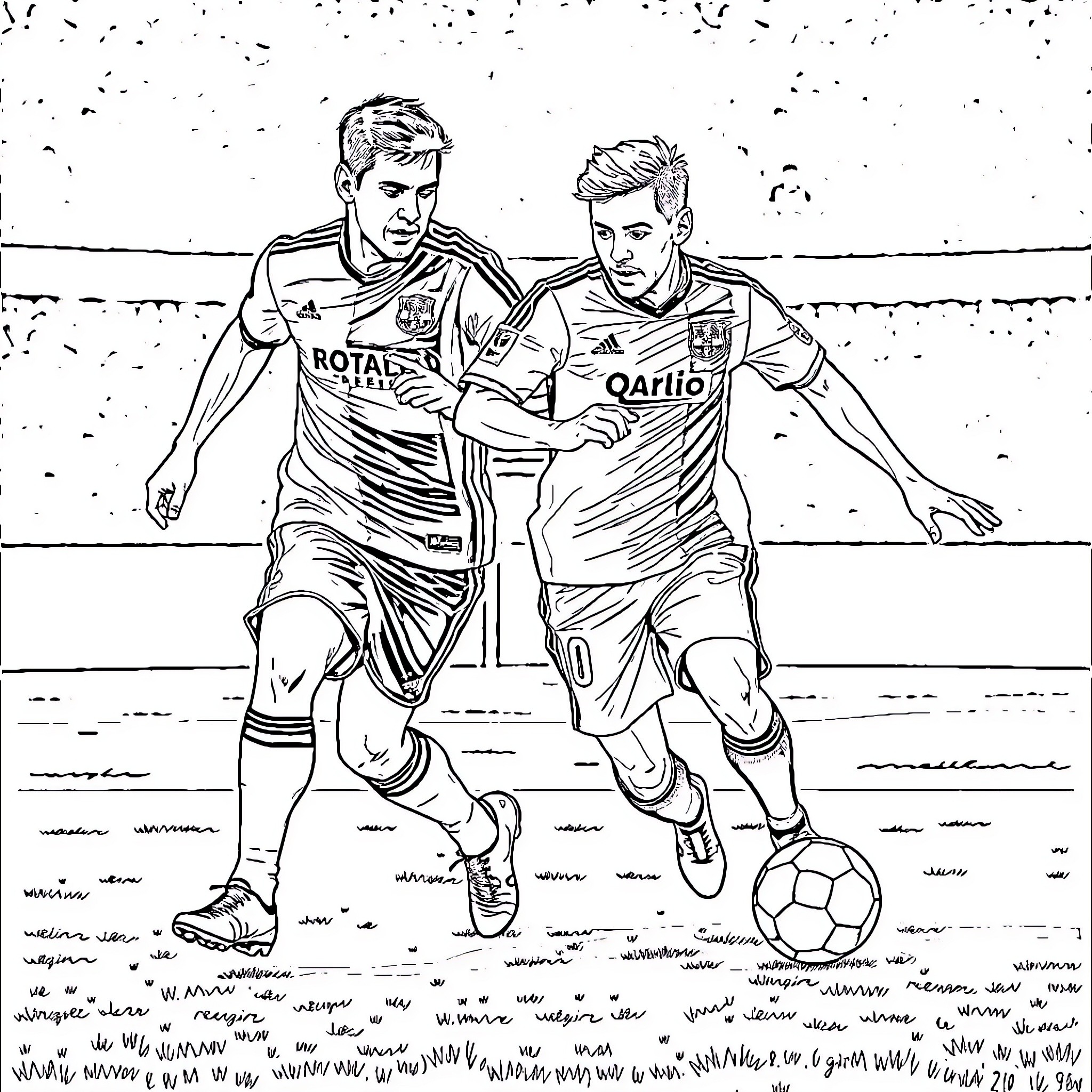 Ronaldo Competing with Teammate on the Soccer Field Coloring Page (free black-and-white line drawing printable PDF for all, from beginners to advanced learners, including children, teens, adults, and seniors)