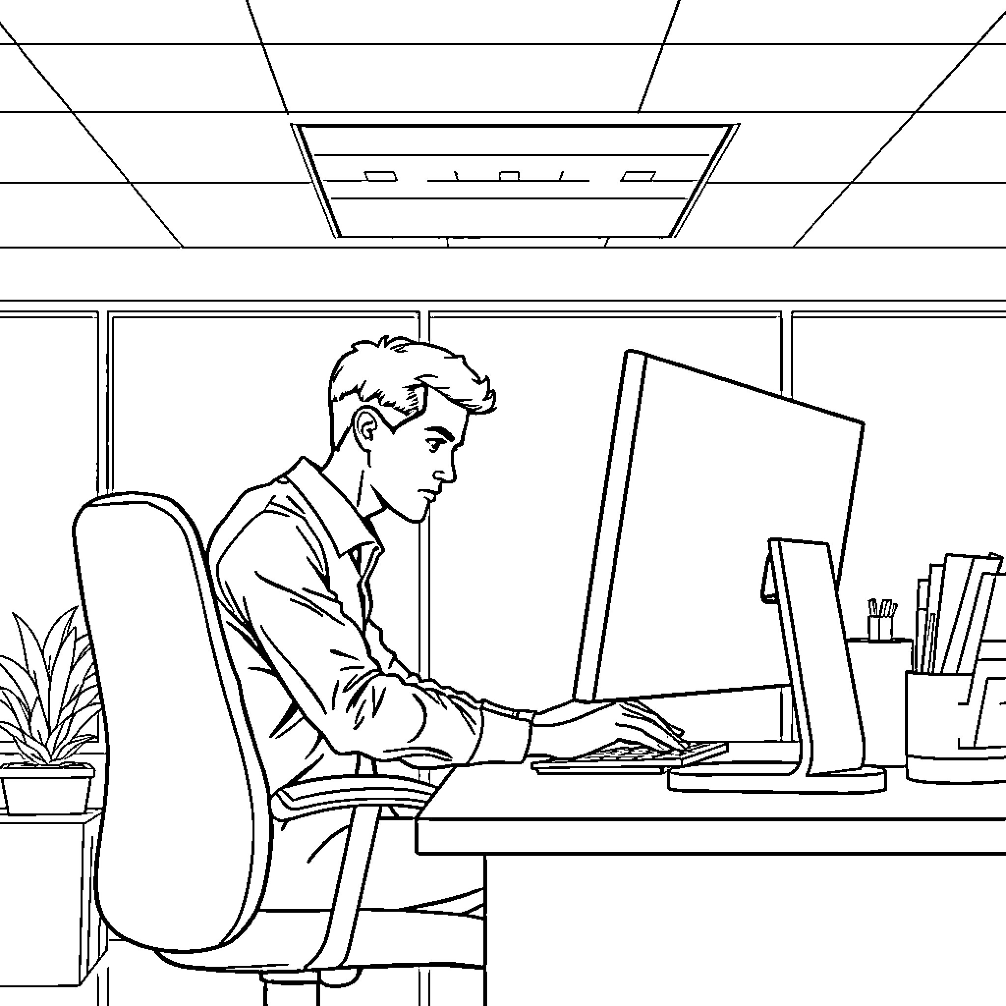 Office Worker Focused on Computer Work Coloring Page (free black-and-white line drawing printable PDF for all, from beginners to advanced learners, including children, teens, adults, and seniors)