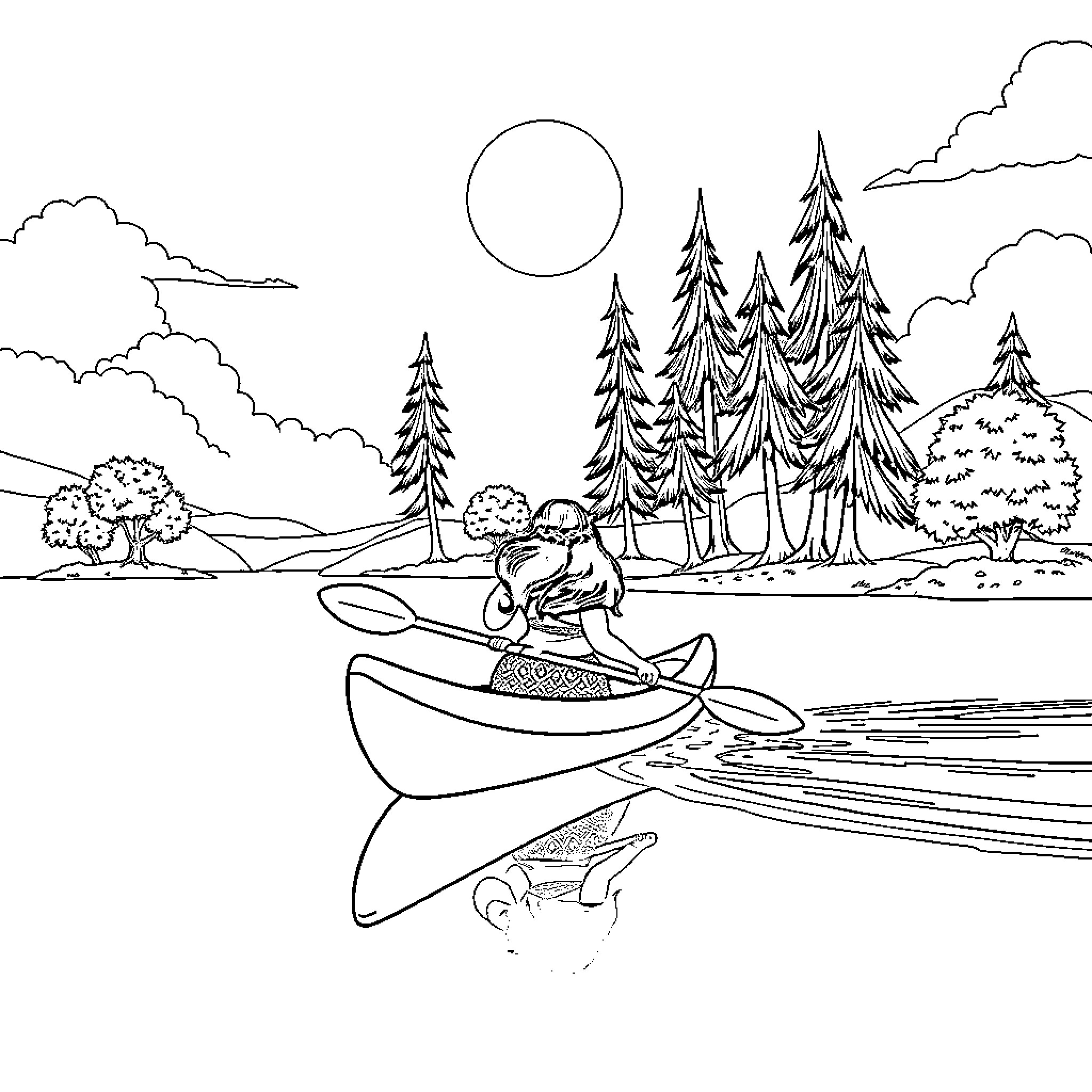 Moana paddling through a serene lake surrounded by nature Coloring Page (free black-and-white line drawing printable PDF for all, from beginners to advanced learners, including children, teens, adults, and seniors)
