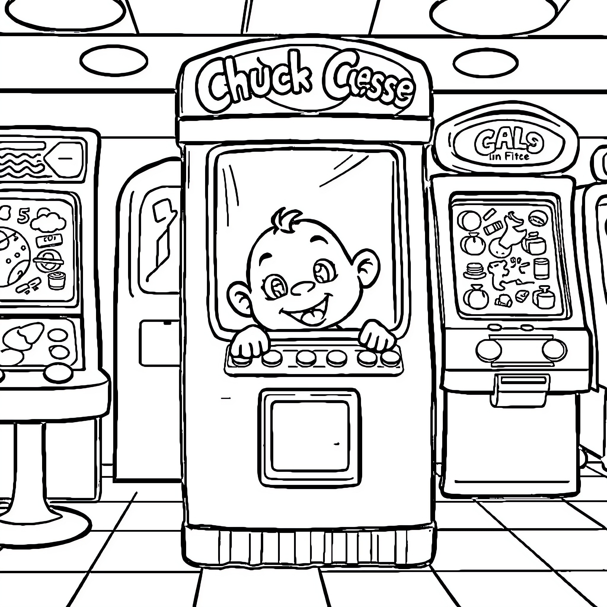 Sprout peeks out from arcade game cabinet Coloring Page (free black-and-white line drawing printable PDF for all, from beginners to advanced learners, including children, teens, adults, and seniors)