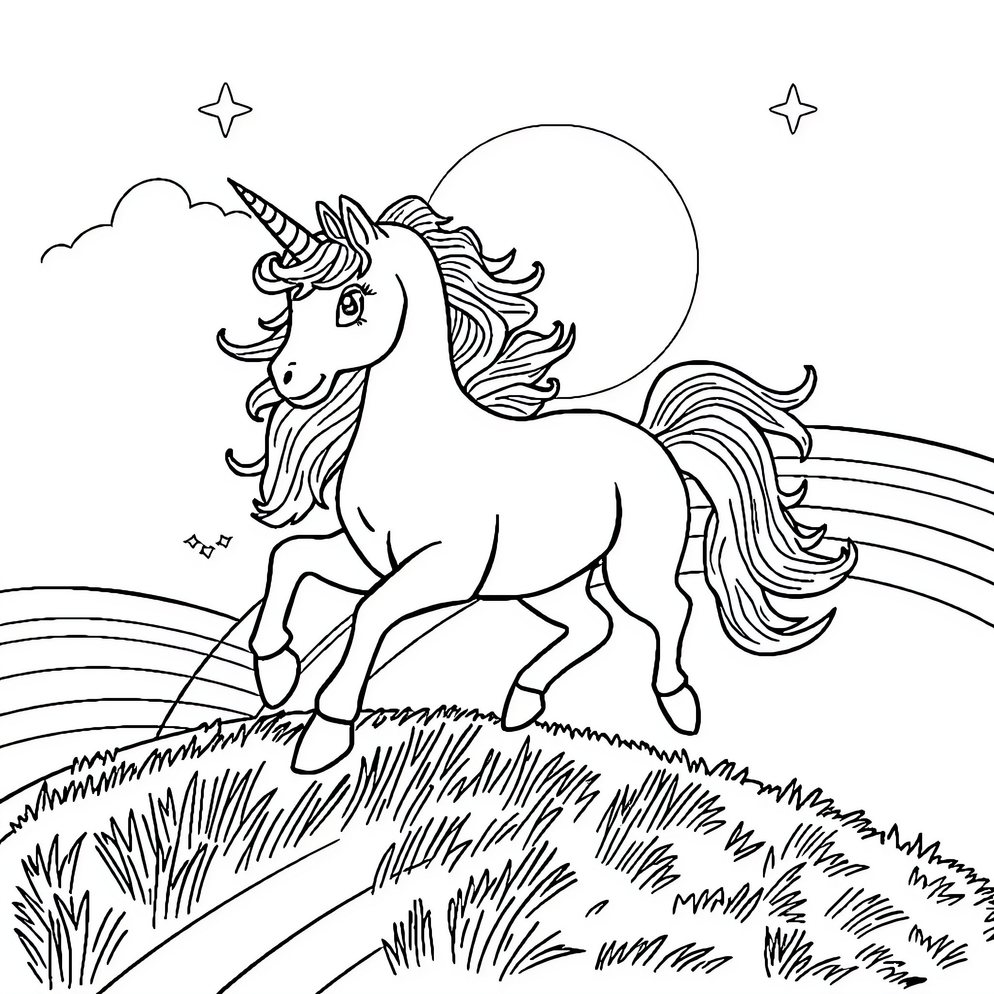 Unicorn prancing through a magical landscape Coloring Page (free black-and-white line drawing printable PDF for all, from beginners to advanced learners, including children, teens, adults, and seniors)