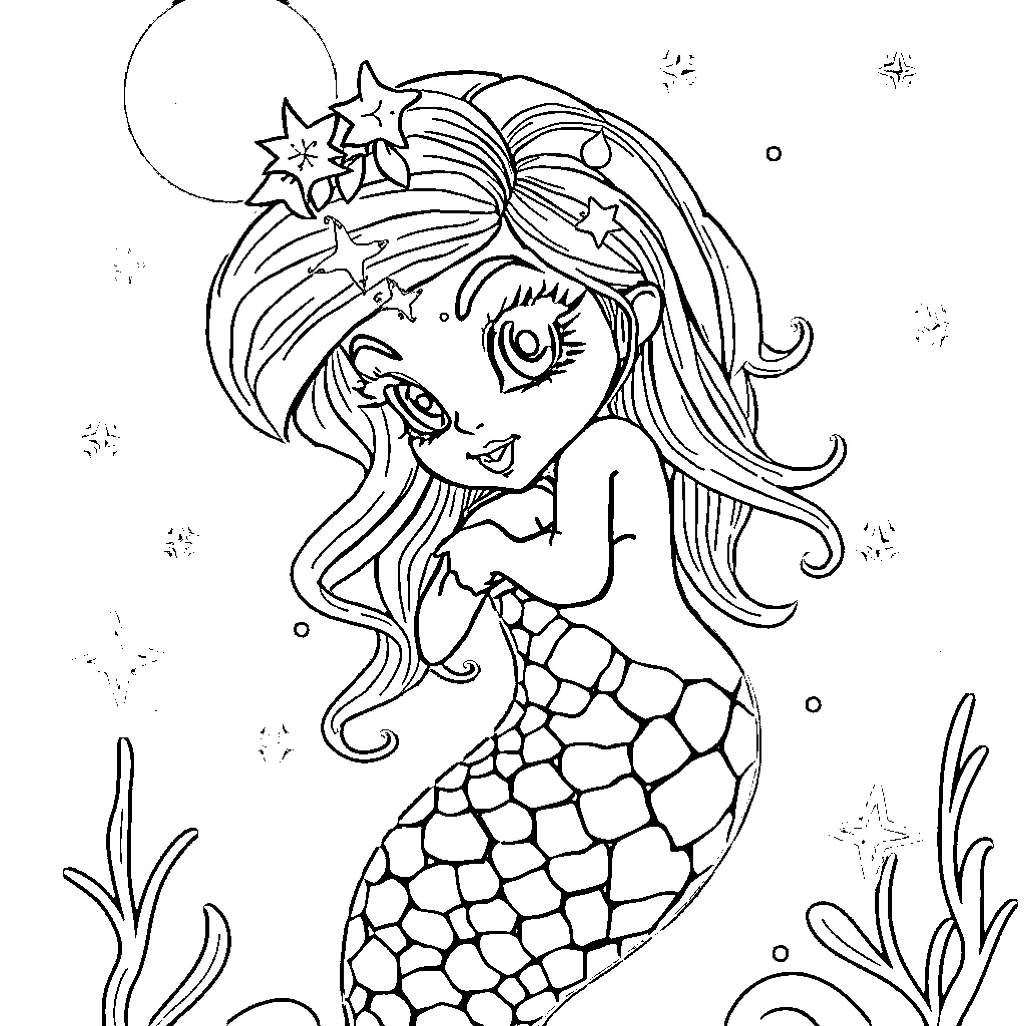Sirenita: Enchanting Mermaid in Underwater Bliss Coloring Page (free black-and-white line drawing printable PDF for all, from beginners to advanced learners, including children, teens, adults, and seniors)