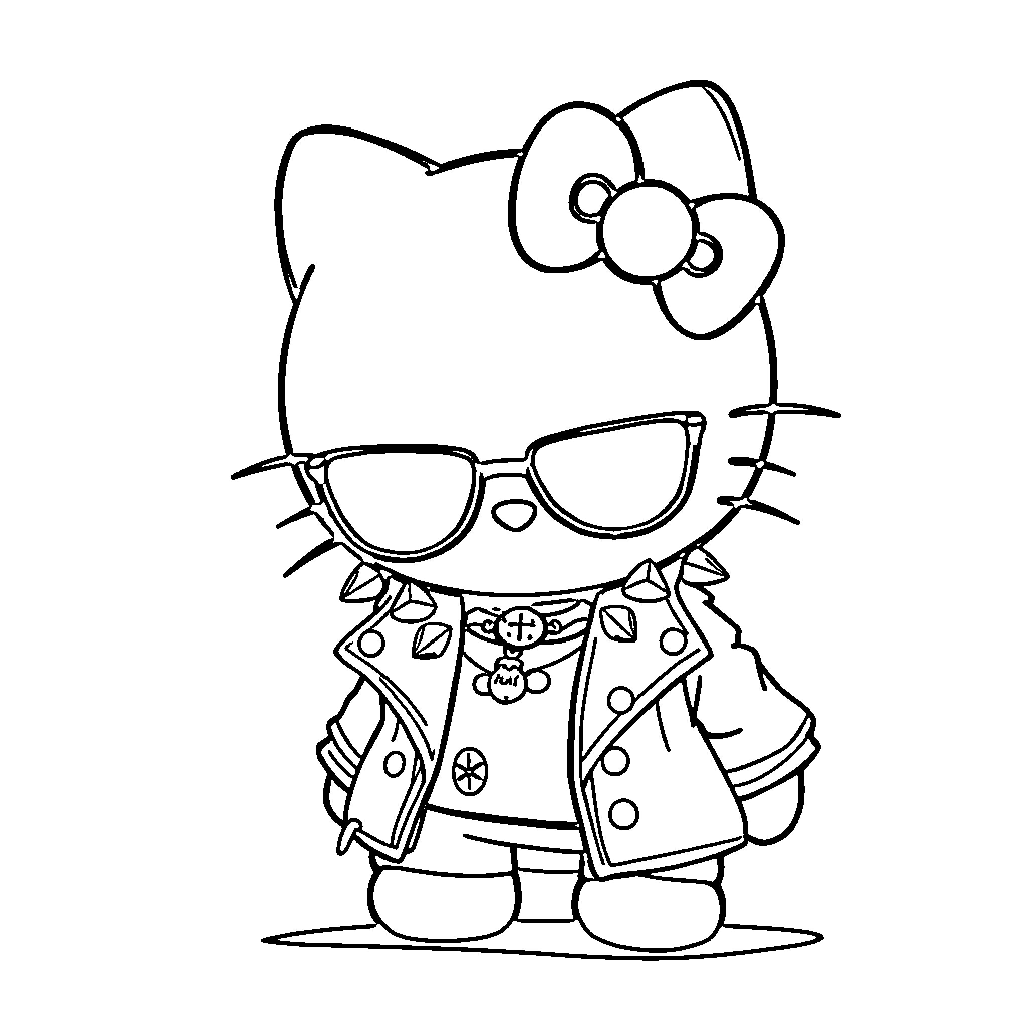 Hello Kitty in Stylish Outfit Coloring Page (free black-and-white line drawing printable PDF for all, from beginners to advanced learners, including children, teens, adults, and seniors)