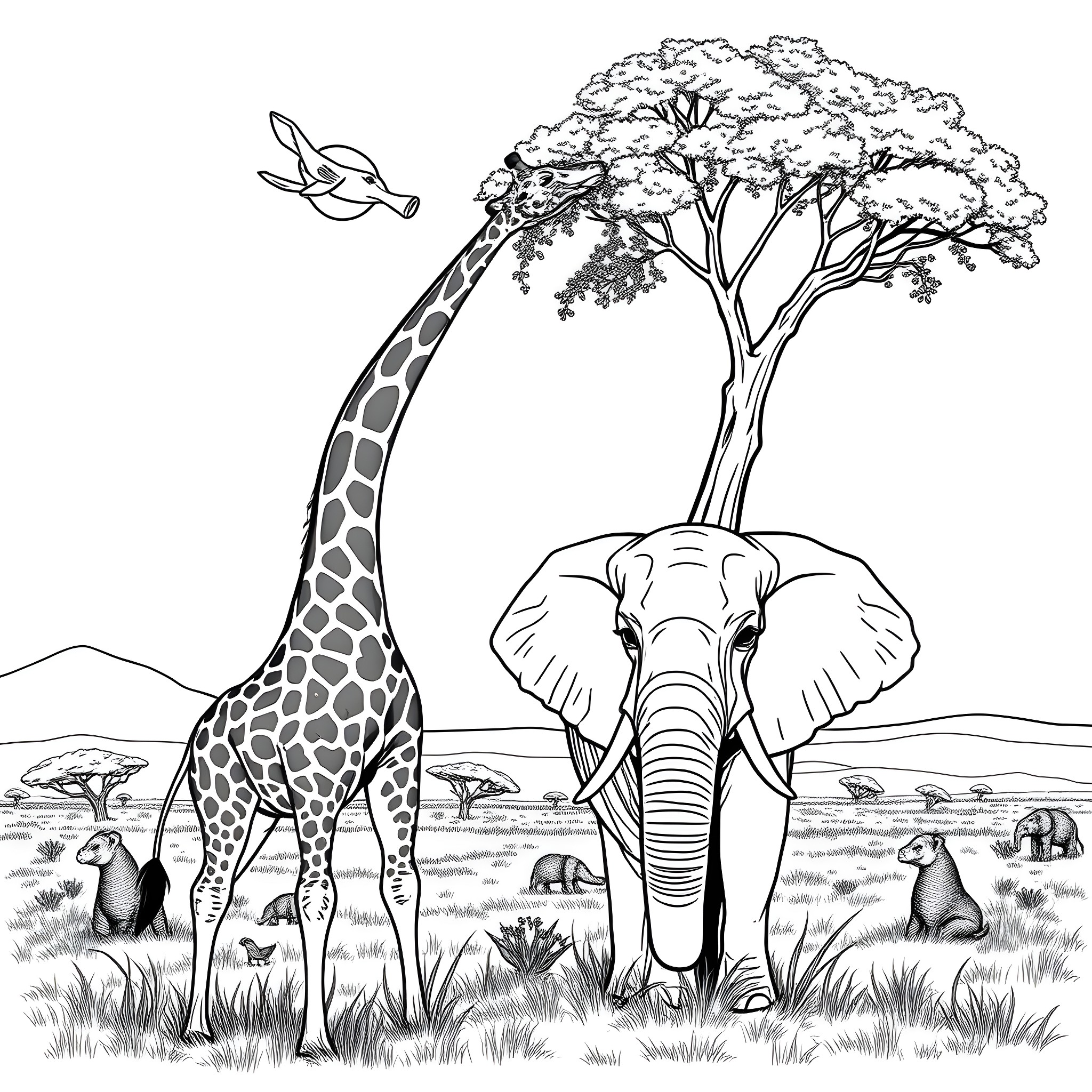 Giraffe and Elephant Roaming in African Savanna Coloring Page (free black-and-white line drawing printable PDF for all, from beginners to advanced learners, including children, teens, adults, and seniors)