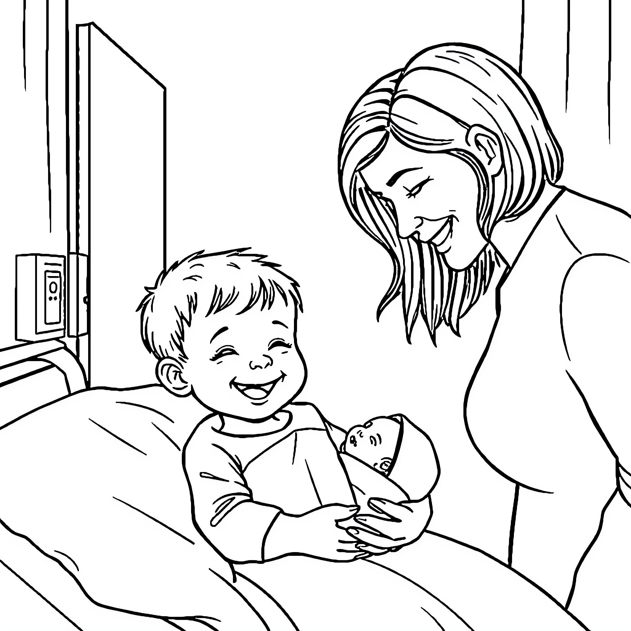 Child comforted by caring adult in hospital setting Coloring Page (free black-and-white line drawing printable PDF for all, from beginners to advanced learners, including children, teens, adults, and seniors)