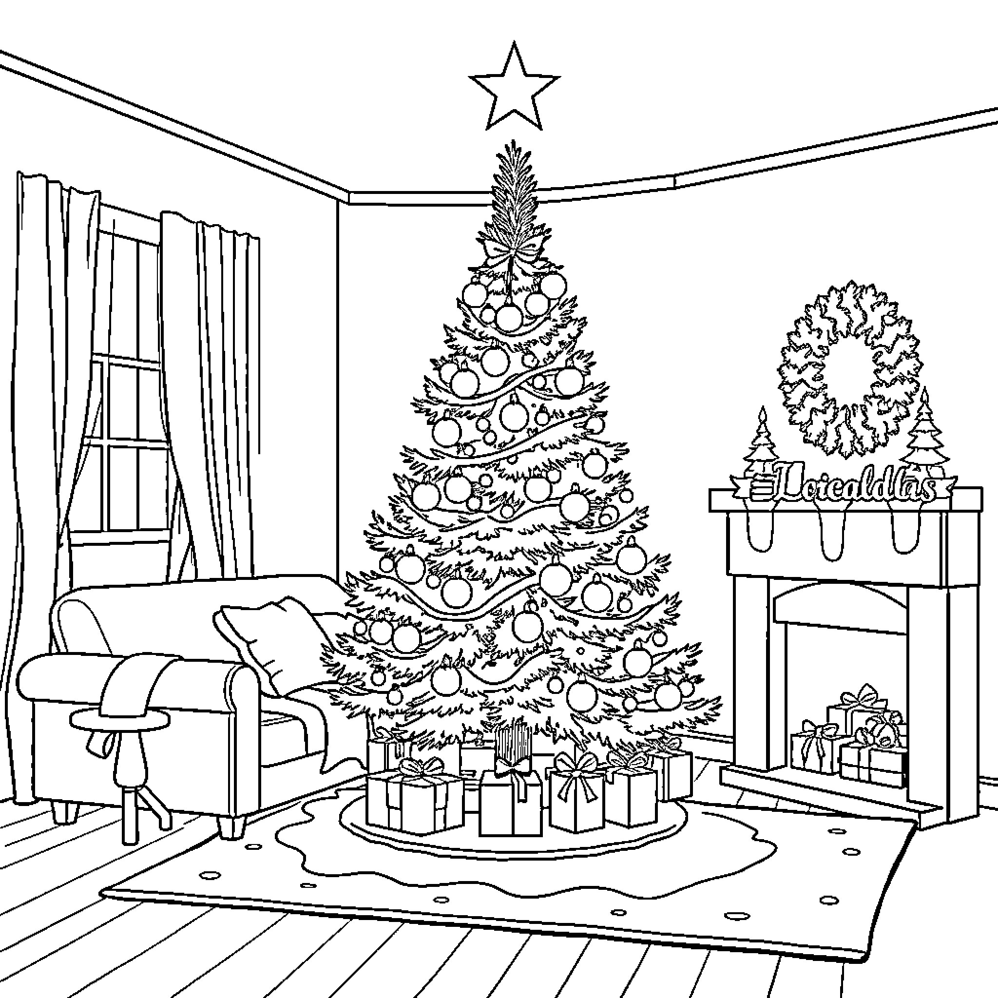 Christmas Tree Decorated with Ornaments in Cozy Living Room Coloring Page (free black-and-white line drawing printable PDF for all, from beginners to advanced learners, including children, teens, adults, and seniors)