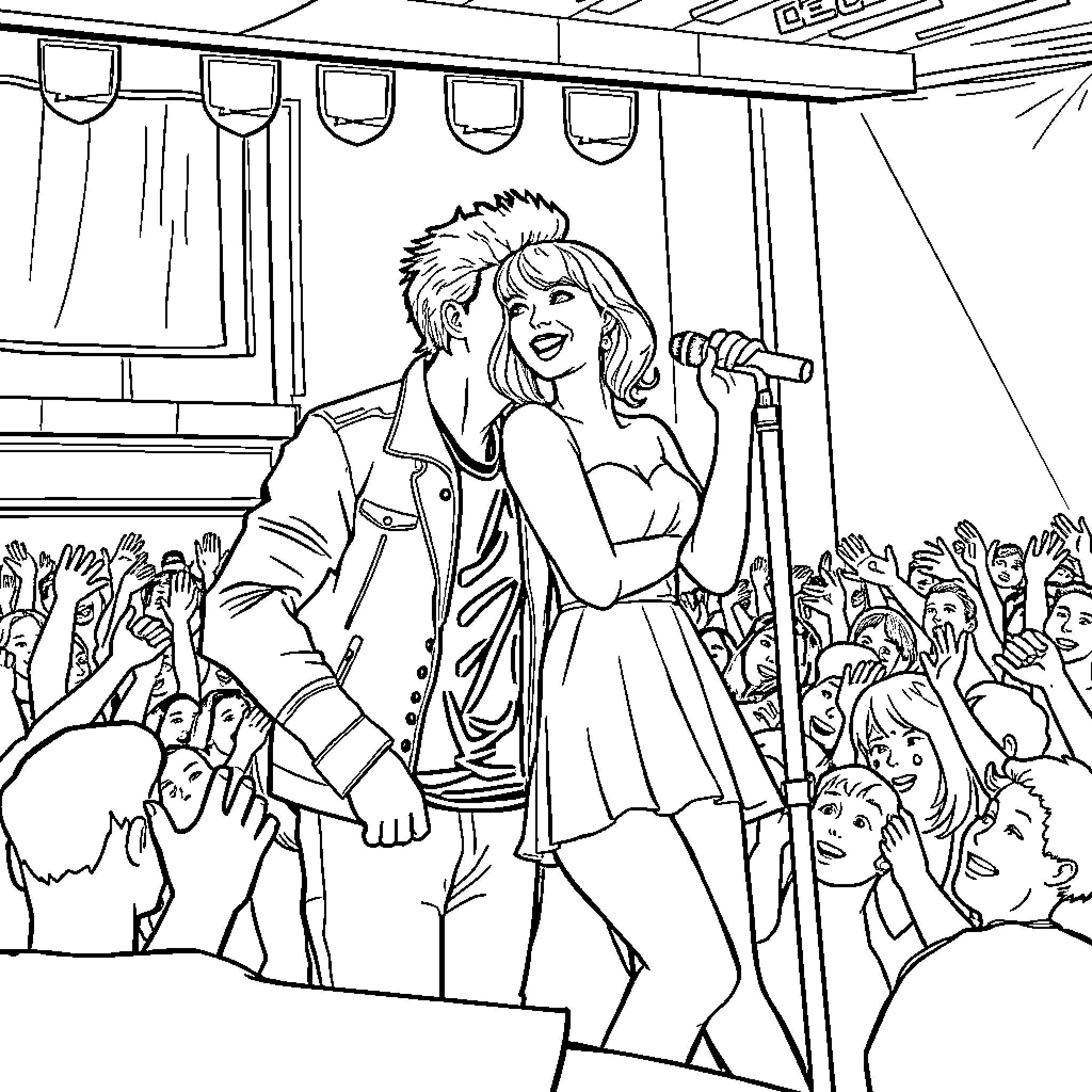 Huntrix Duo's Lively Performance on Stage Coloring Page (free black-and-white line drawing printable PDF for all, from beginners to advanced learners, including children, teens, adults, and seniors)