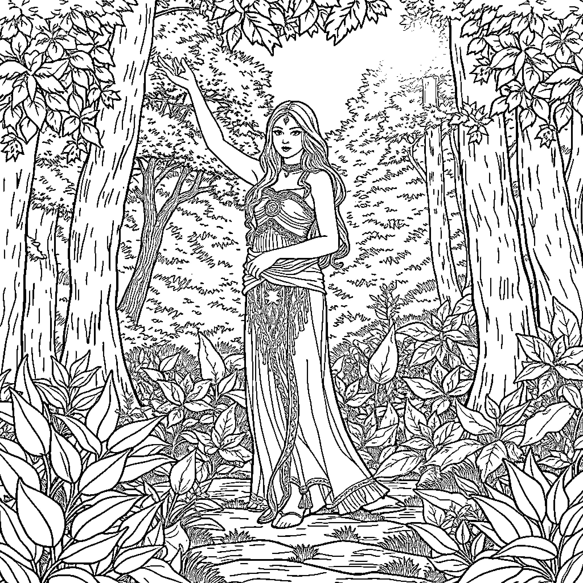 Celtic Woman Performing in a Lush Forest Coloring Page (free black-and-white line drawing printable PDF for all, from beginners to advanced learners, including children, teens, adults, and seniors)