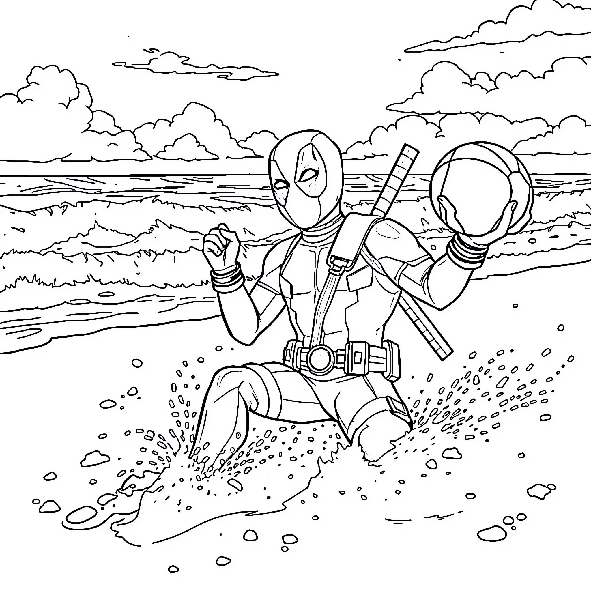 Deadpool's Beachside Adventure Coloring Page (free black-and-white line drawing printable PDF for all, from beginners to advanced learners, including children, teens, adults, and seniors)