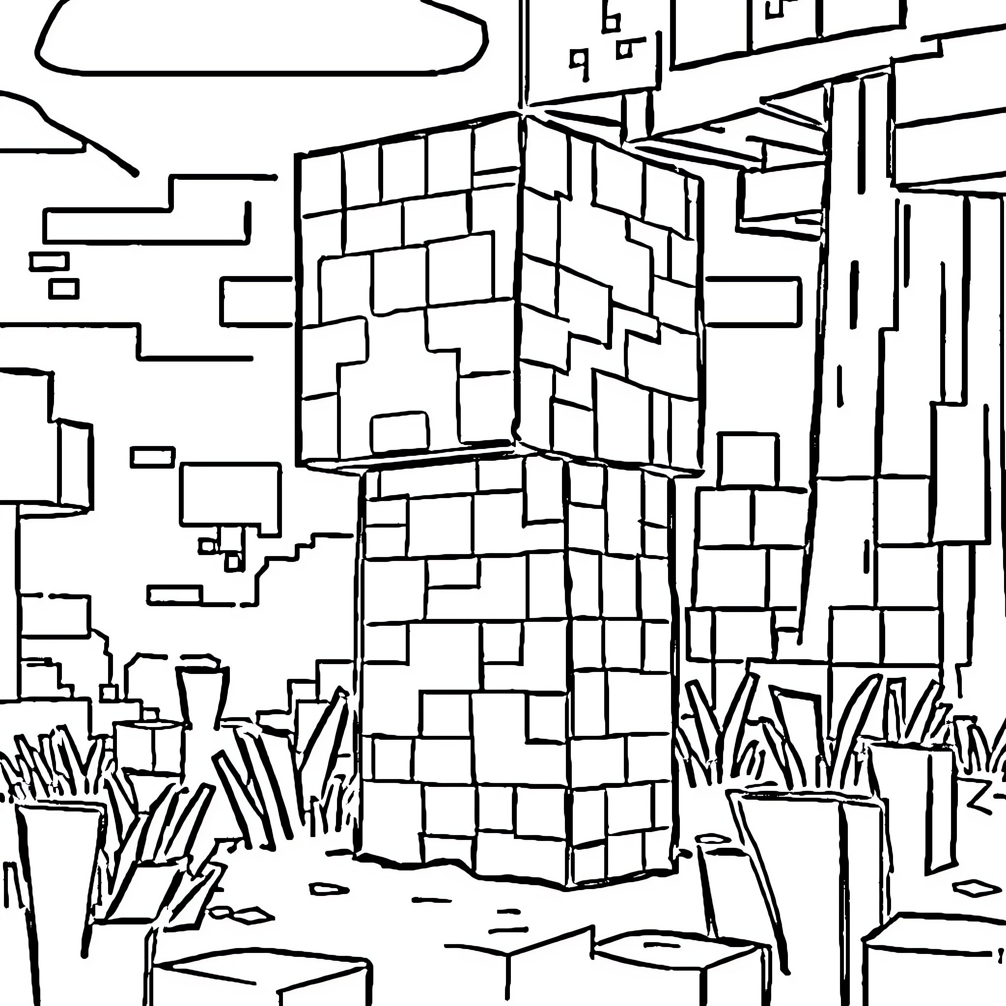 Creeper exploring mysterious geometric structures Coloring Page (free black-and-white line drawing printable PDF for all, from beginners to advanced learners, including children, teens, adults, and seniors)