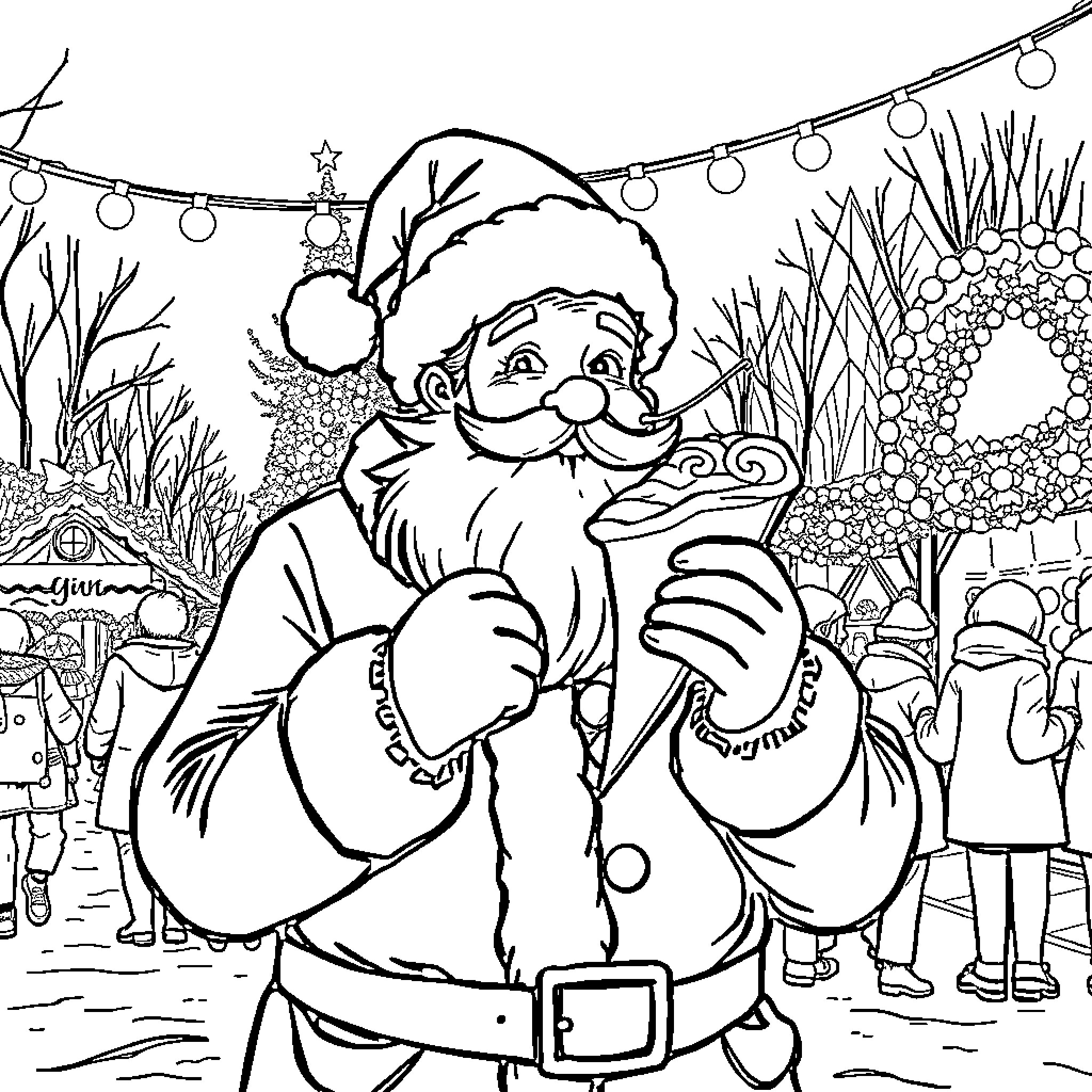 Santa waving and greeting holiday crowd Coloring Page (free black-and-white line drawing printable PDF for all, from beginners to advanced learners, including children, teens, adults, and seniors)